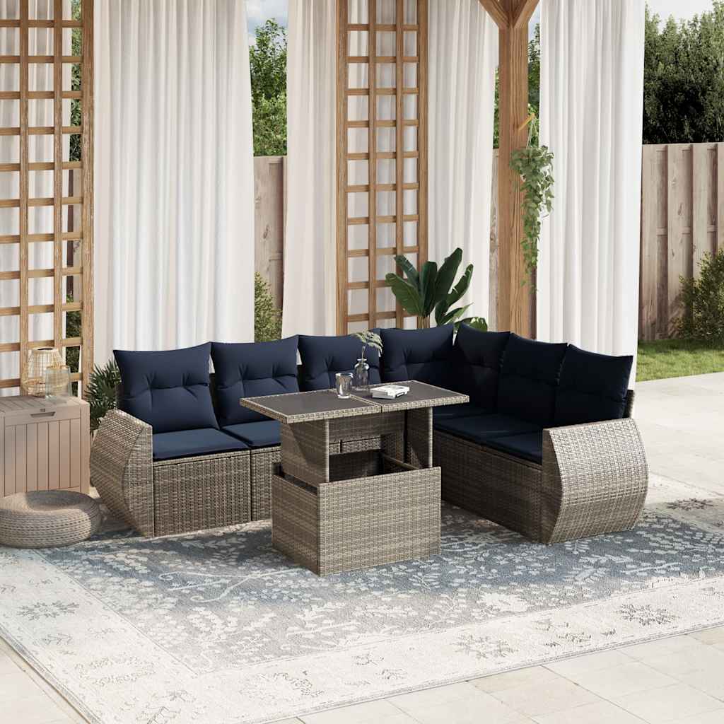 Conjunto de sofá de jardim com 7 peças e almofadas em rattan sintético cinza