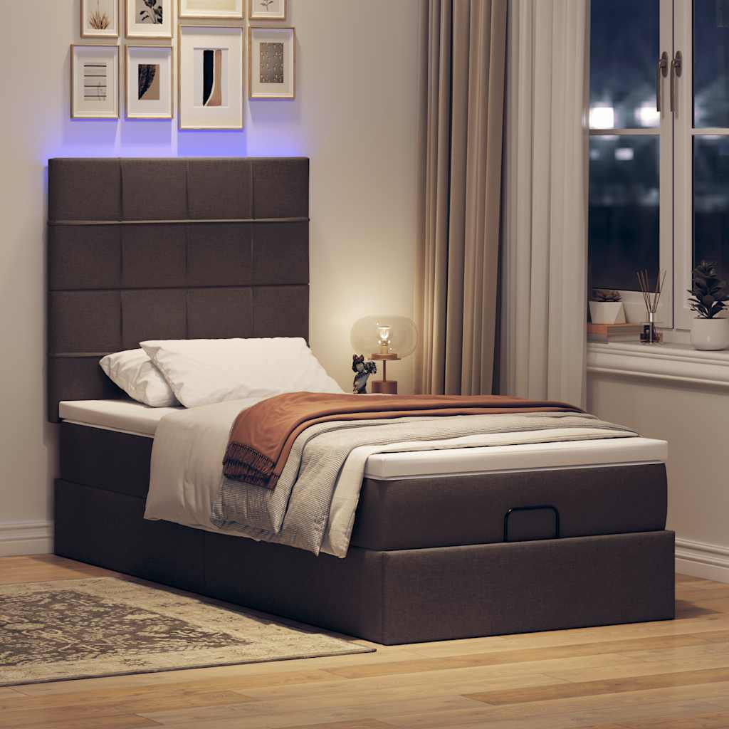 Cama otomana com colchão & leds 90x200cm tecido castanho escuro