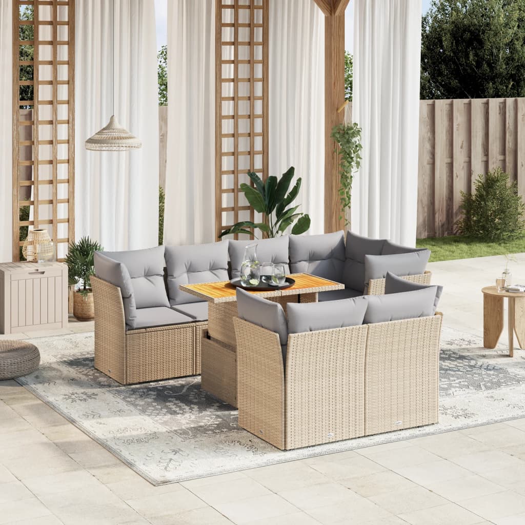 8 Pcs conjunto de sofás p/ jardim com almofadões vime PE bege