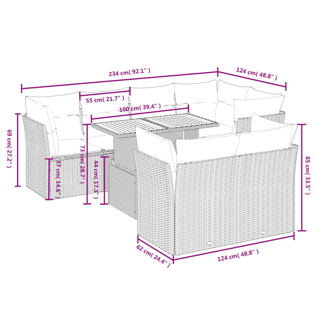 8 Pcs conjunto de sofás p/ jardim com almofadões vime PE bege