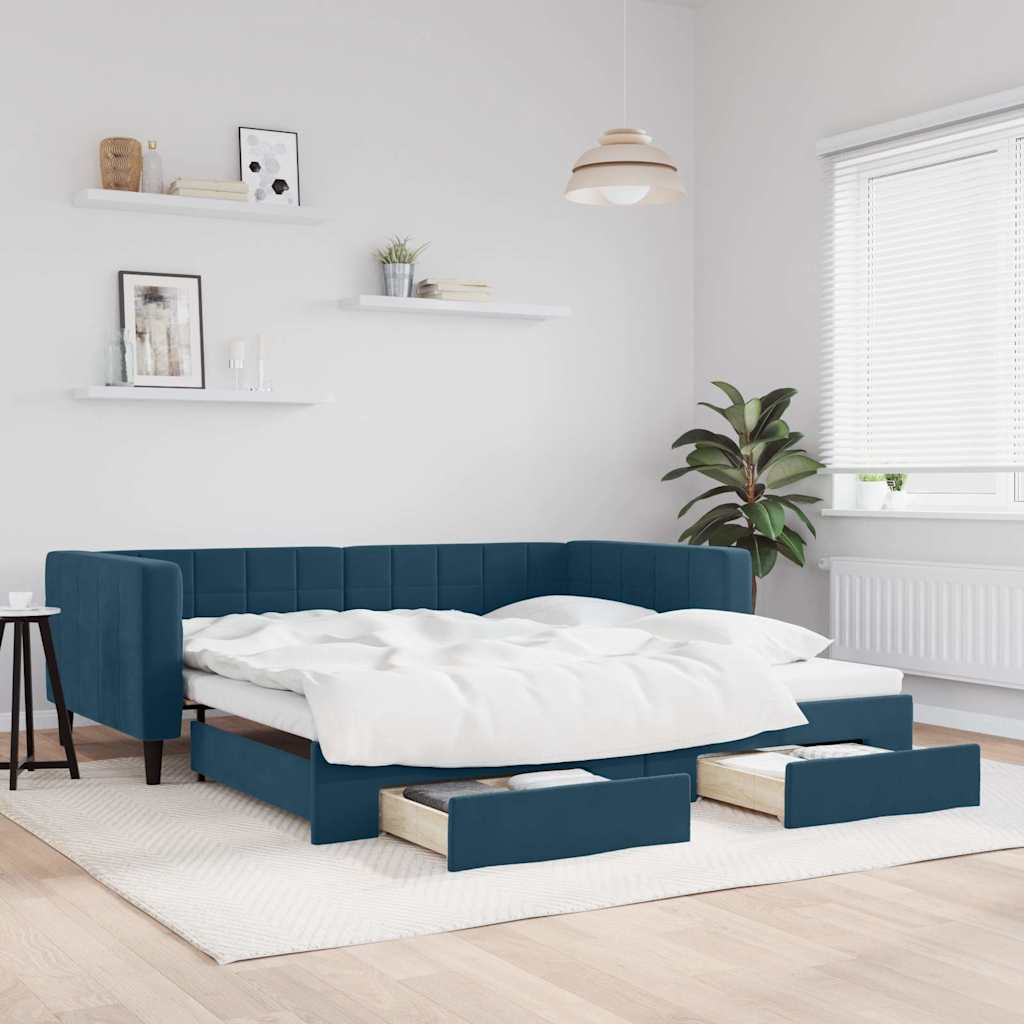 Sofá-cama com gavetão e gavetas 100x200 cm veludo azul