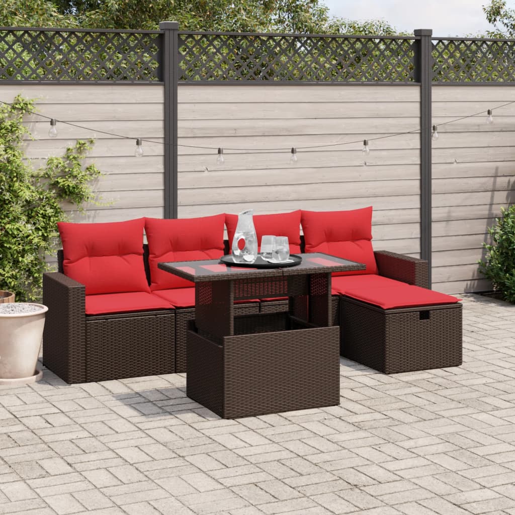 Conjunto de sofá de jardim com 6 peças e almofadas em rattan sintético marrom