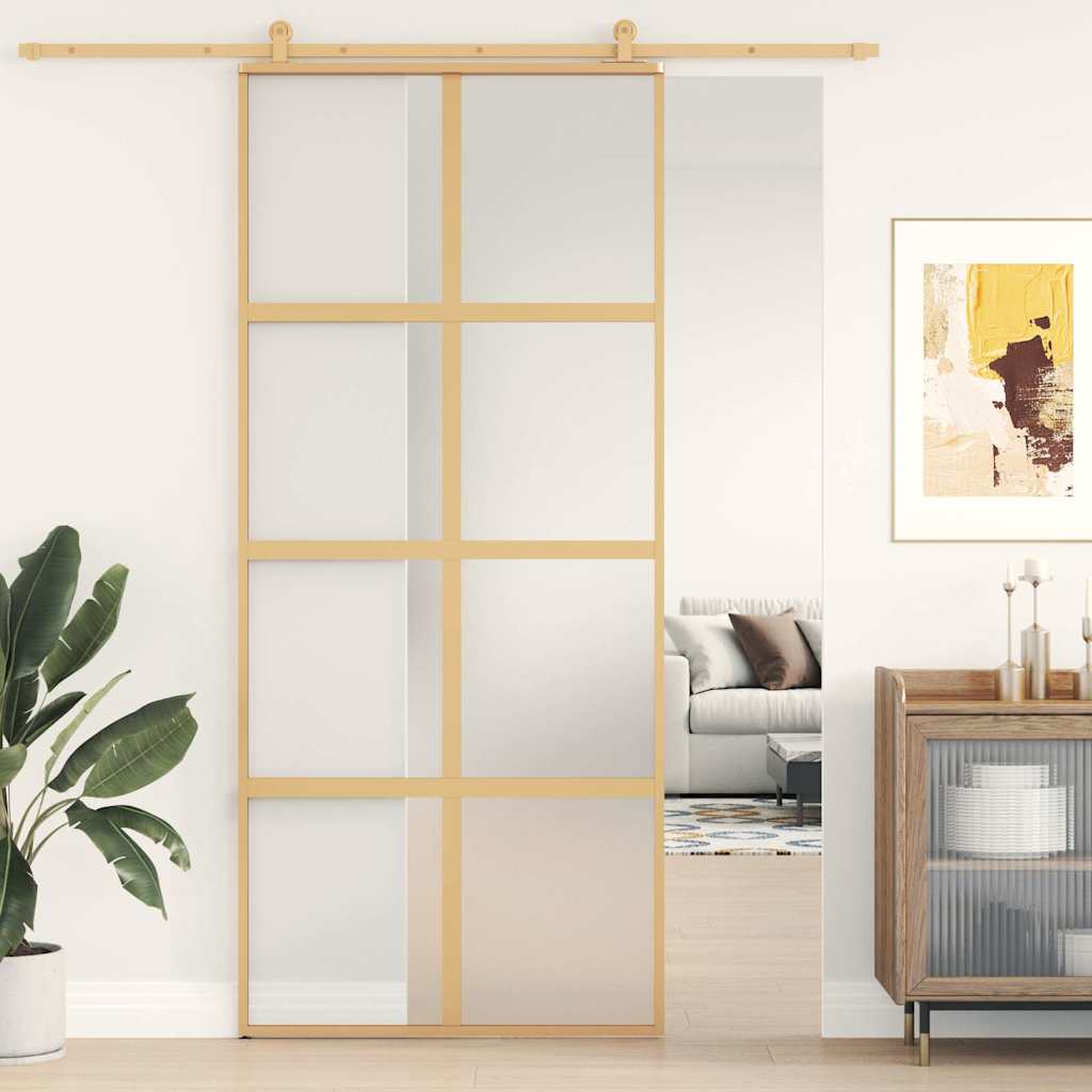 Porta deslizante 90x205 cm vidro esg fosco/alumínio dourado