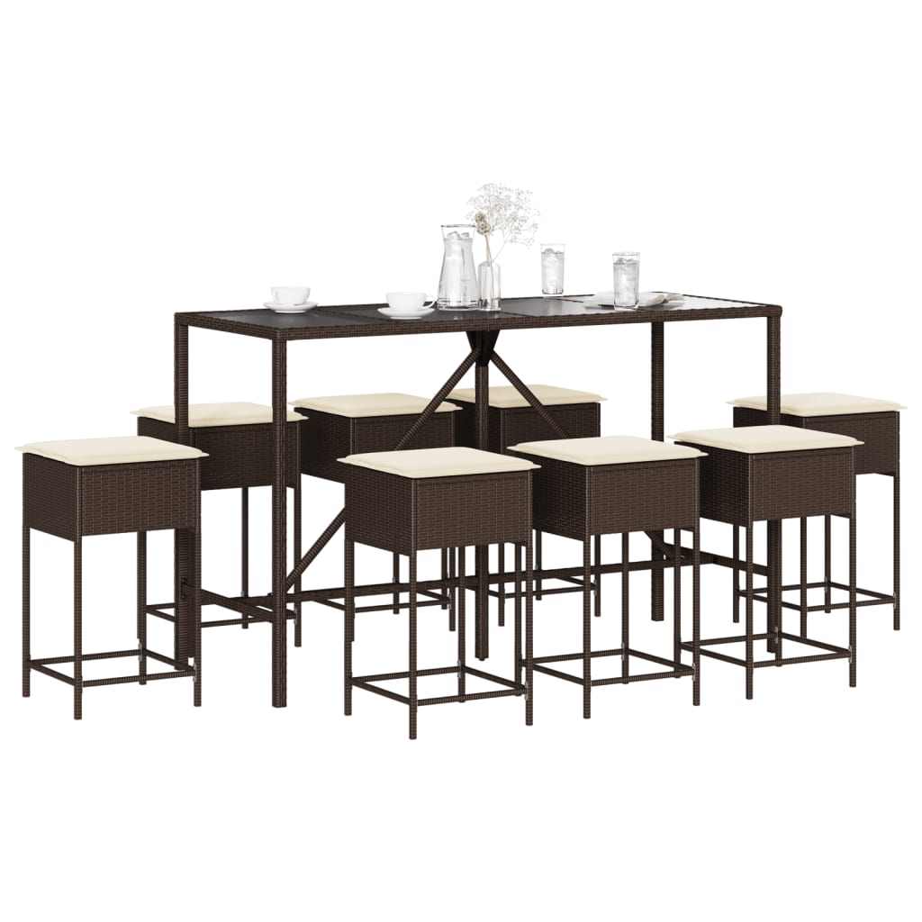 9 Pcs conjunto de bar p/ jardim c/ almofadões vime PE castanho