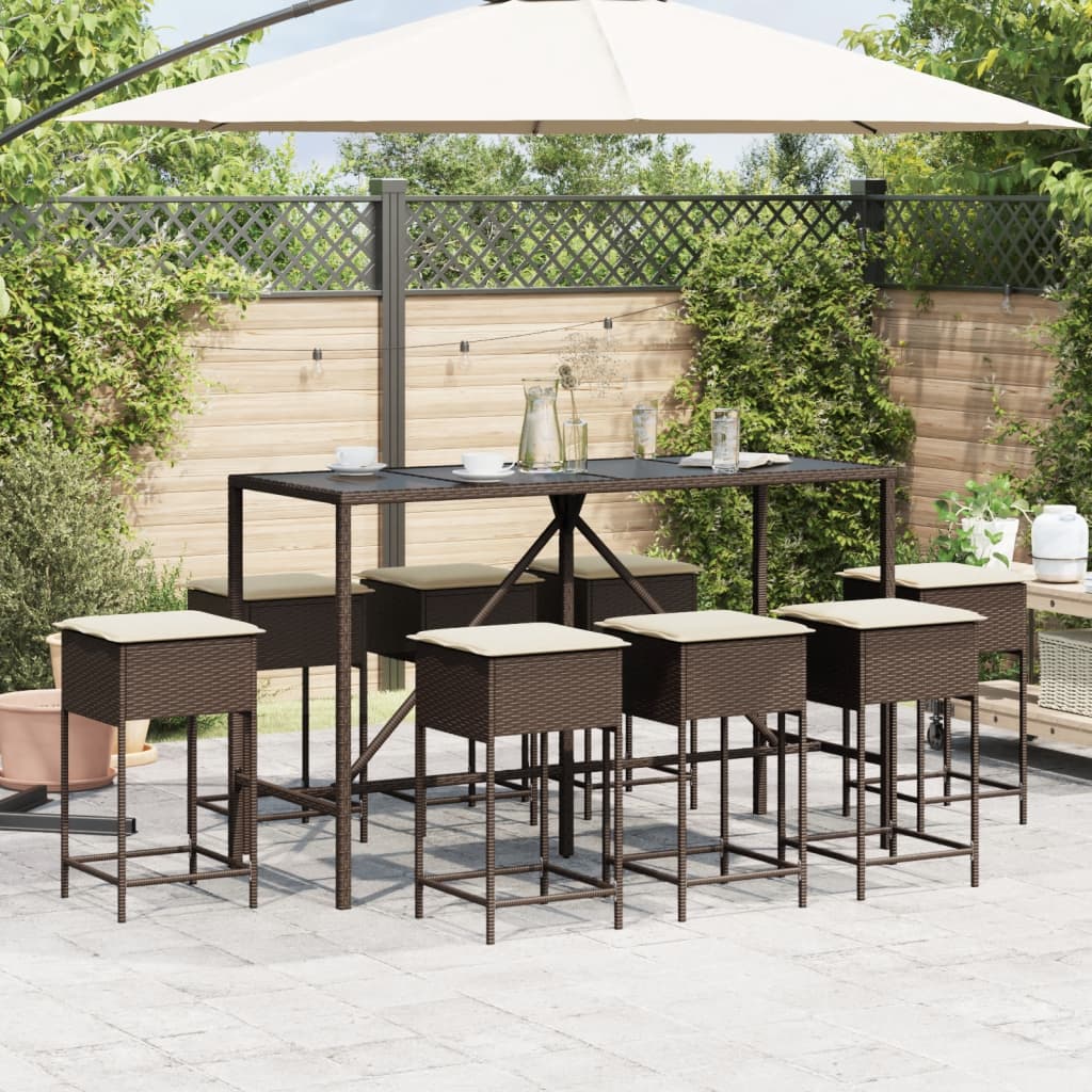 9 Pcs conjunto de bar p/ jardim c/ almofadões vime PE castanho