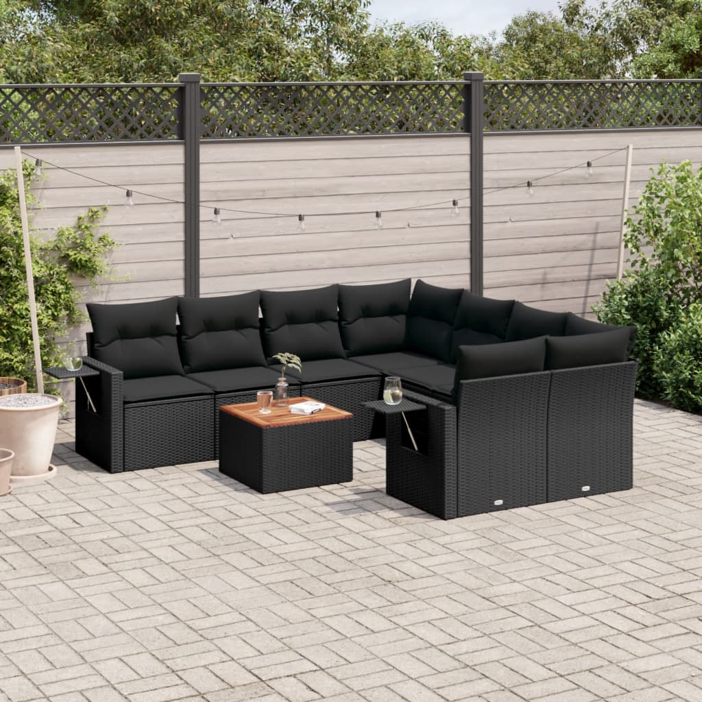 9 Pcs conjunto de sofás p/ jardim c/ almofadões vime PE preto