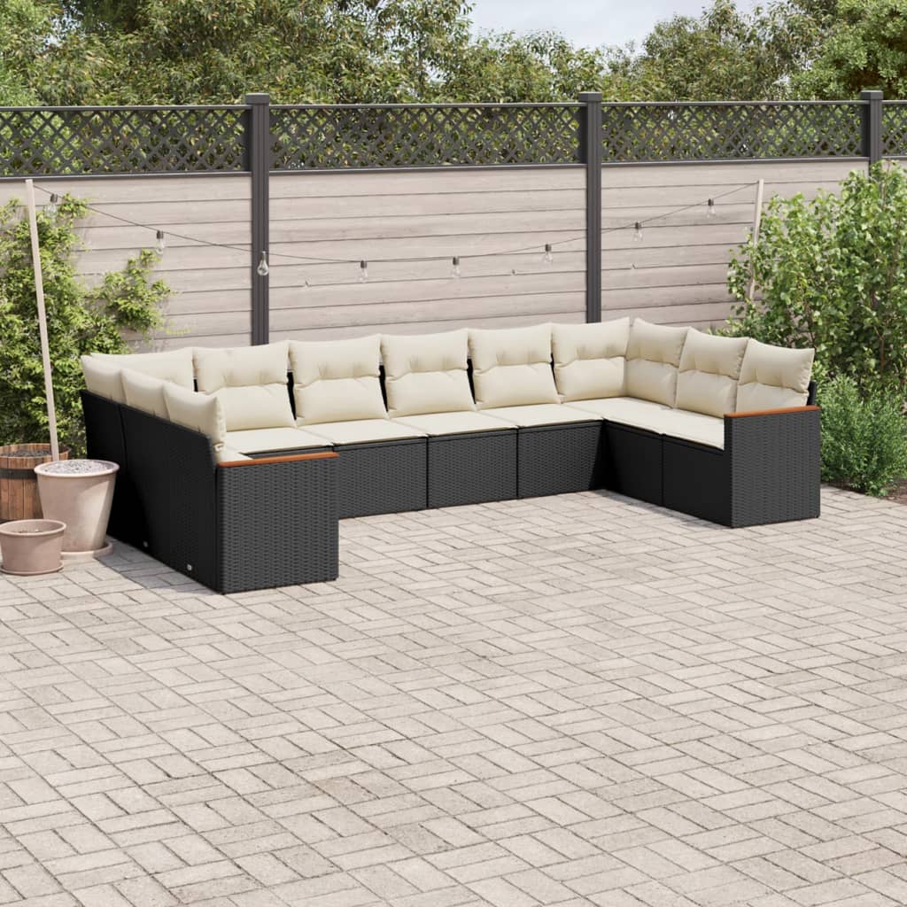 10 Pcs conjunto sofás de jardim c/ almofadões vime PE preto