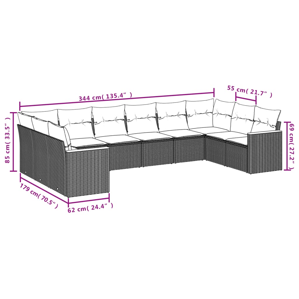 10 Pcs conjunto sofás de jardim c/ almofadões vime PE preto