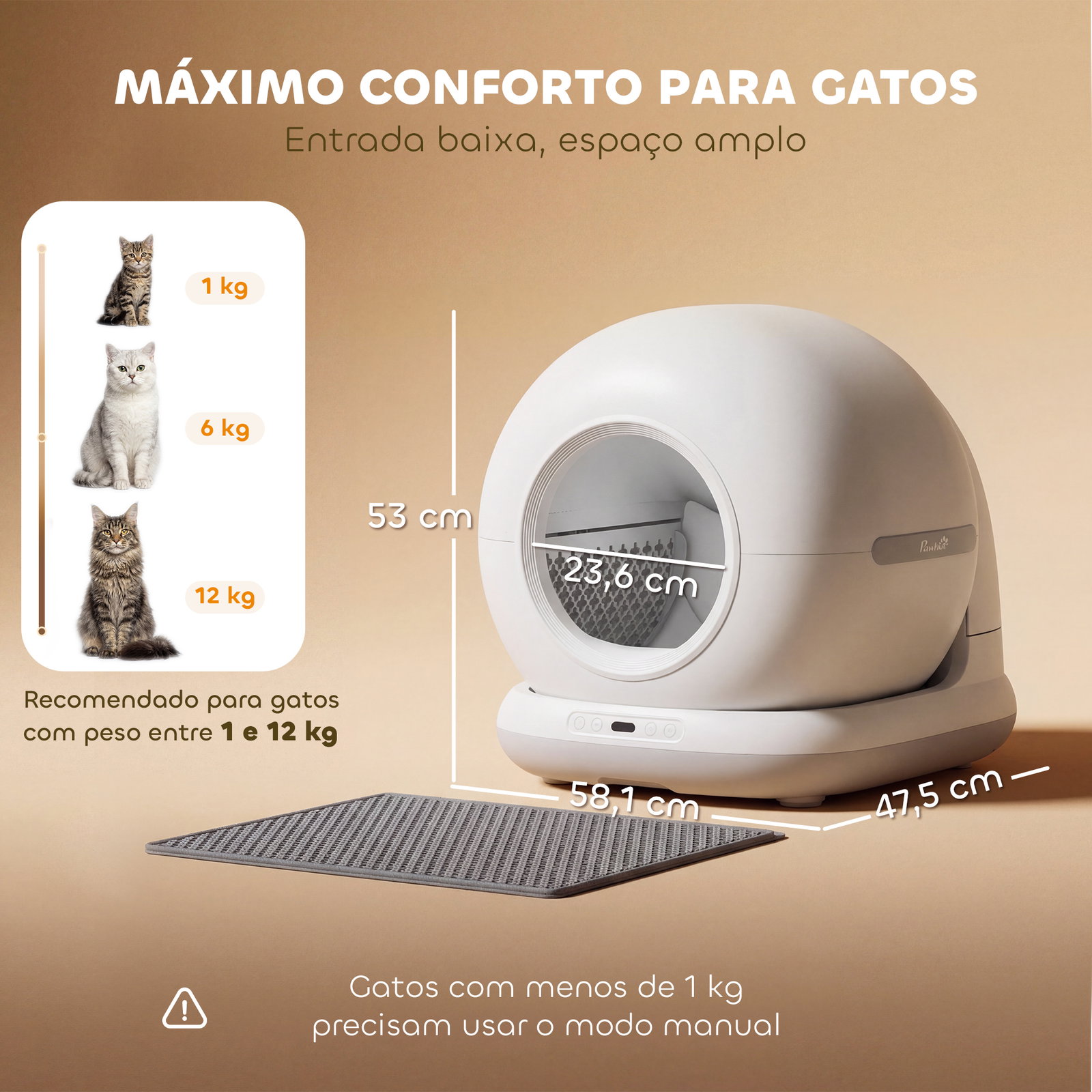 Caixa de areia autolimpante capacidade 7l com controlo por app purificação de odores ruído e sensores de segurança 58,1x47,5x53 cm branco e cinzento