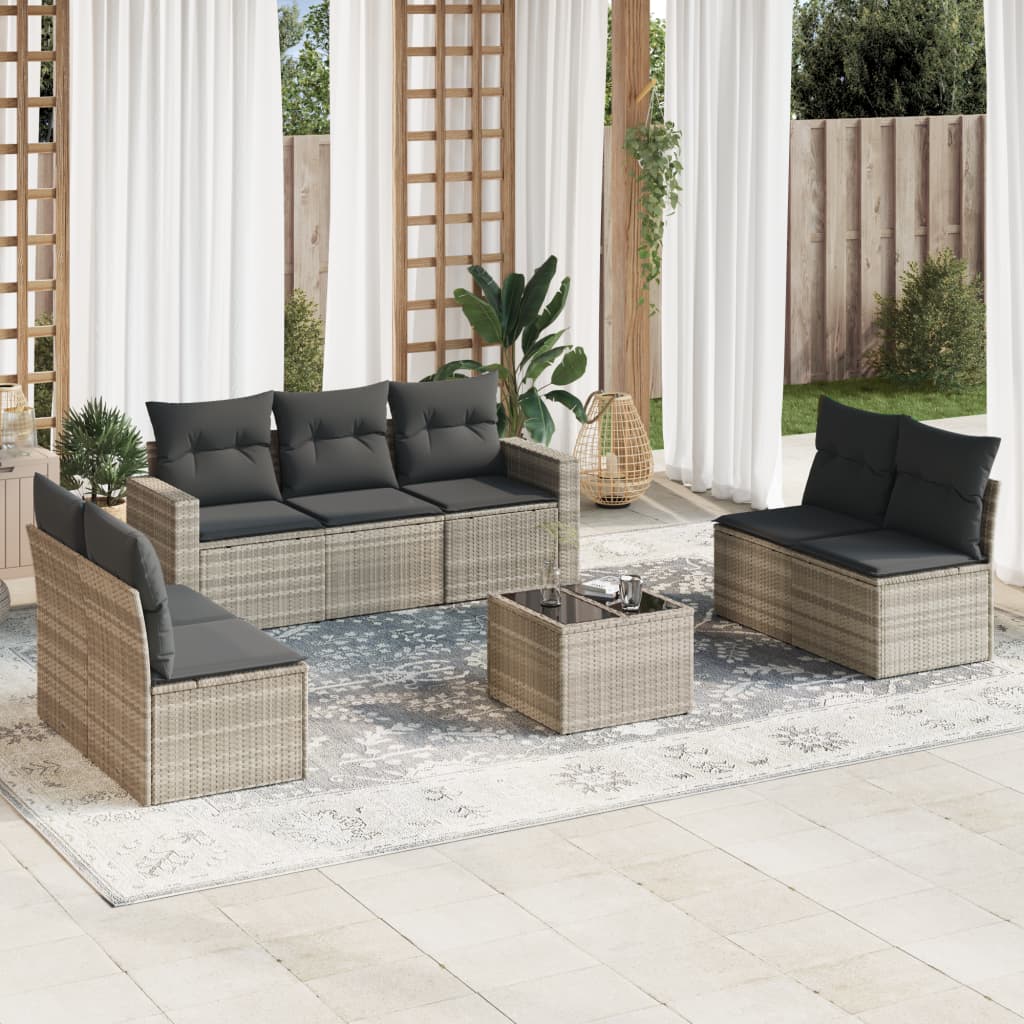 8 Pcs conj. sofás jardim c/ almofadões vime PE cinzento-claro