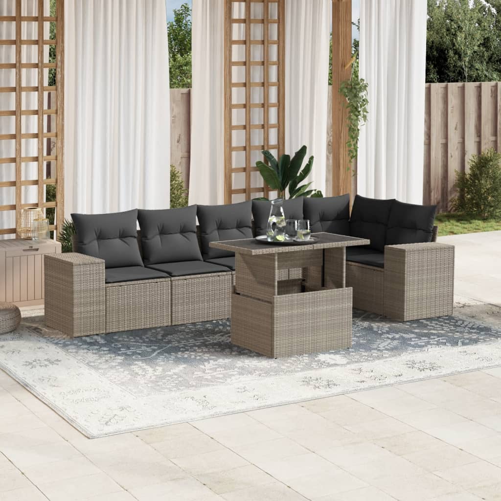 7 Pcs conj. sofás jardim com almofadões vime PE cinzento-claro