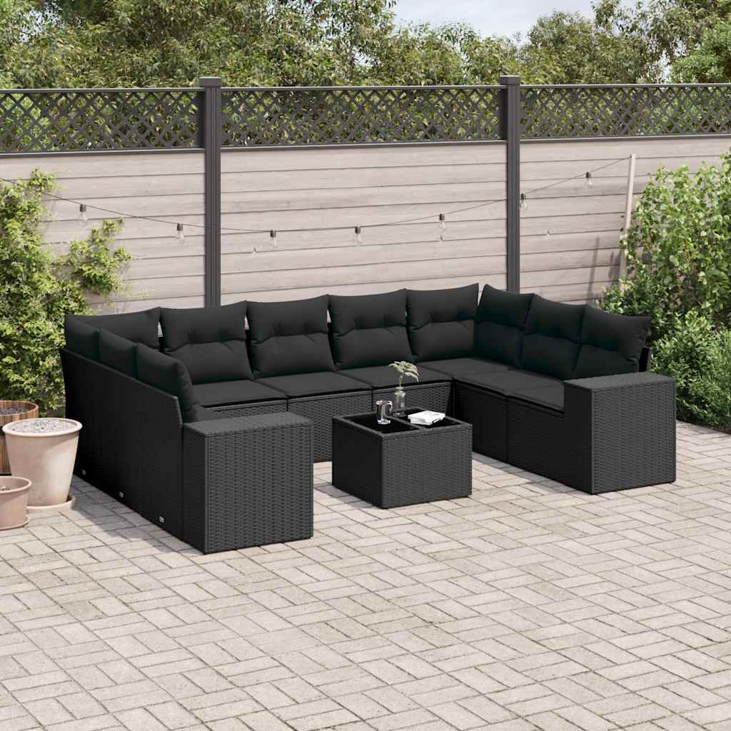 10 Pcs conjunto sofás de jardim c/ almofadões vime PE preto