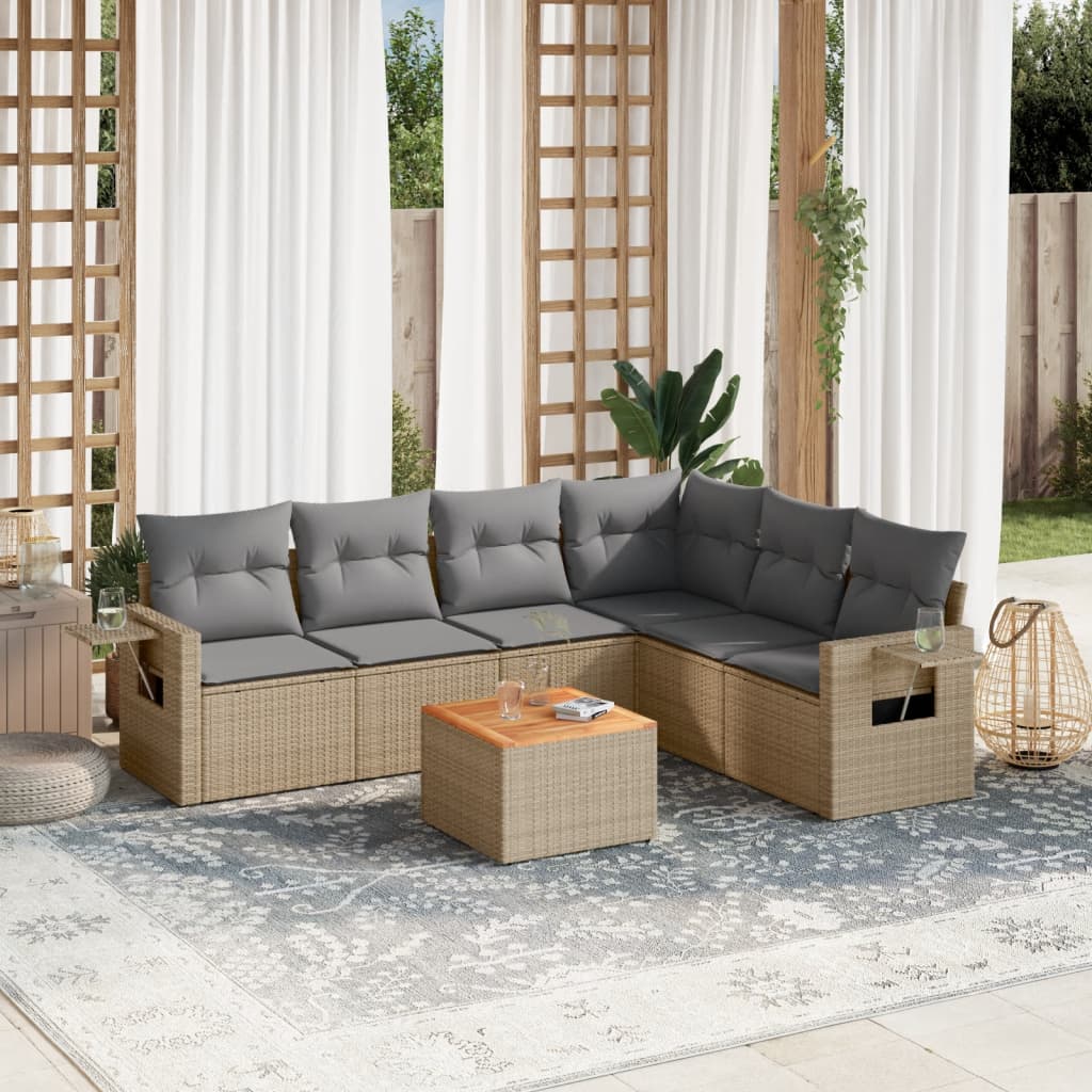 7 Pcs conjunto de sofás p/ jardim com almofadões vime PE bege