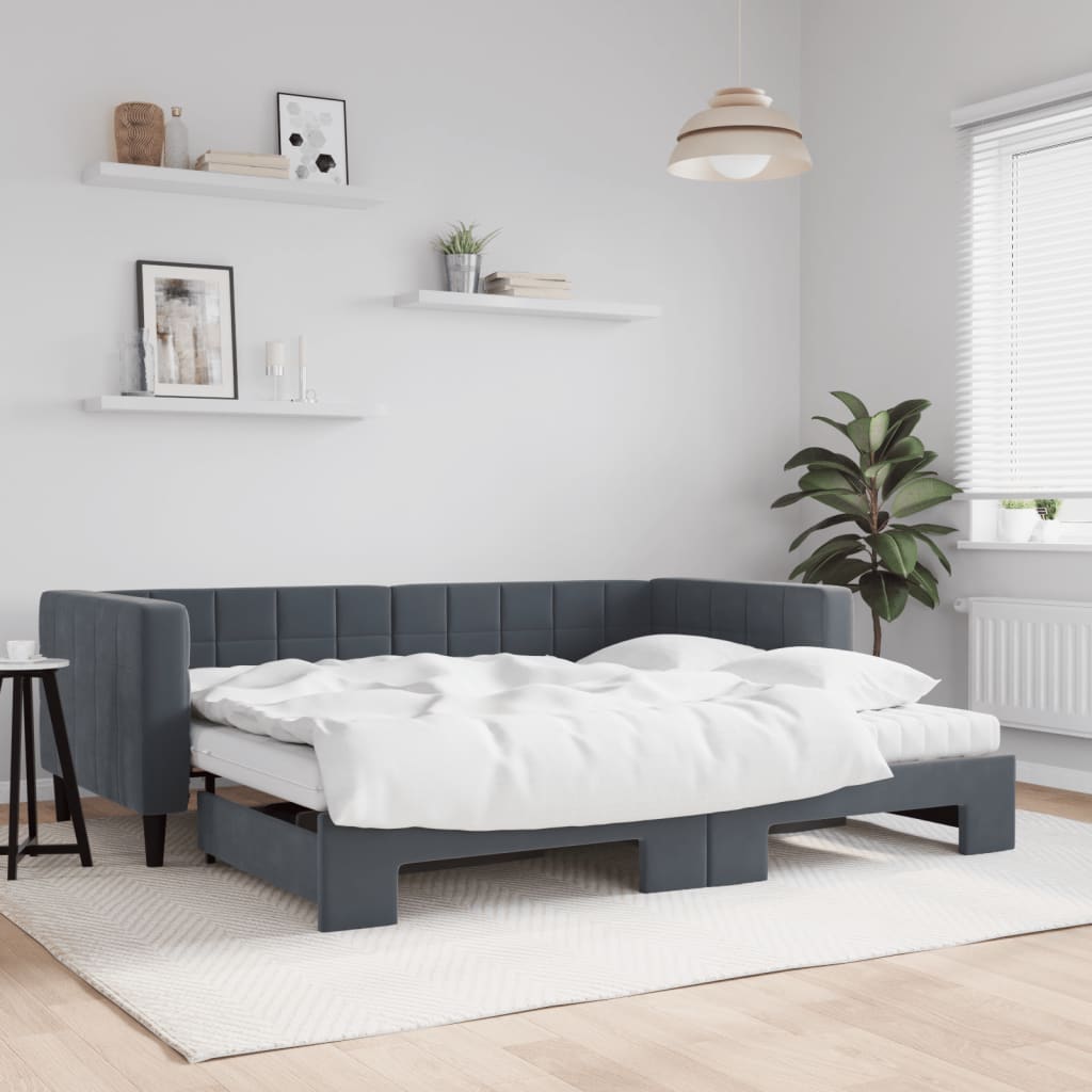 Sofá-cama c/ gavetão e colchões 90x190cm veludo cinzento-escuro