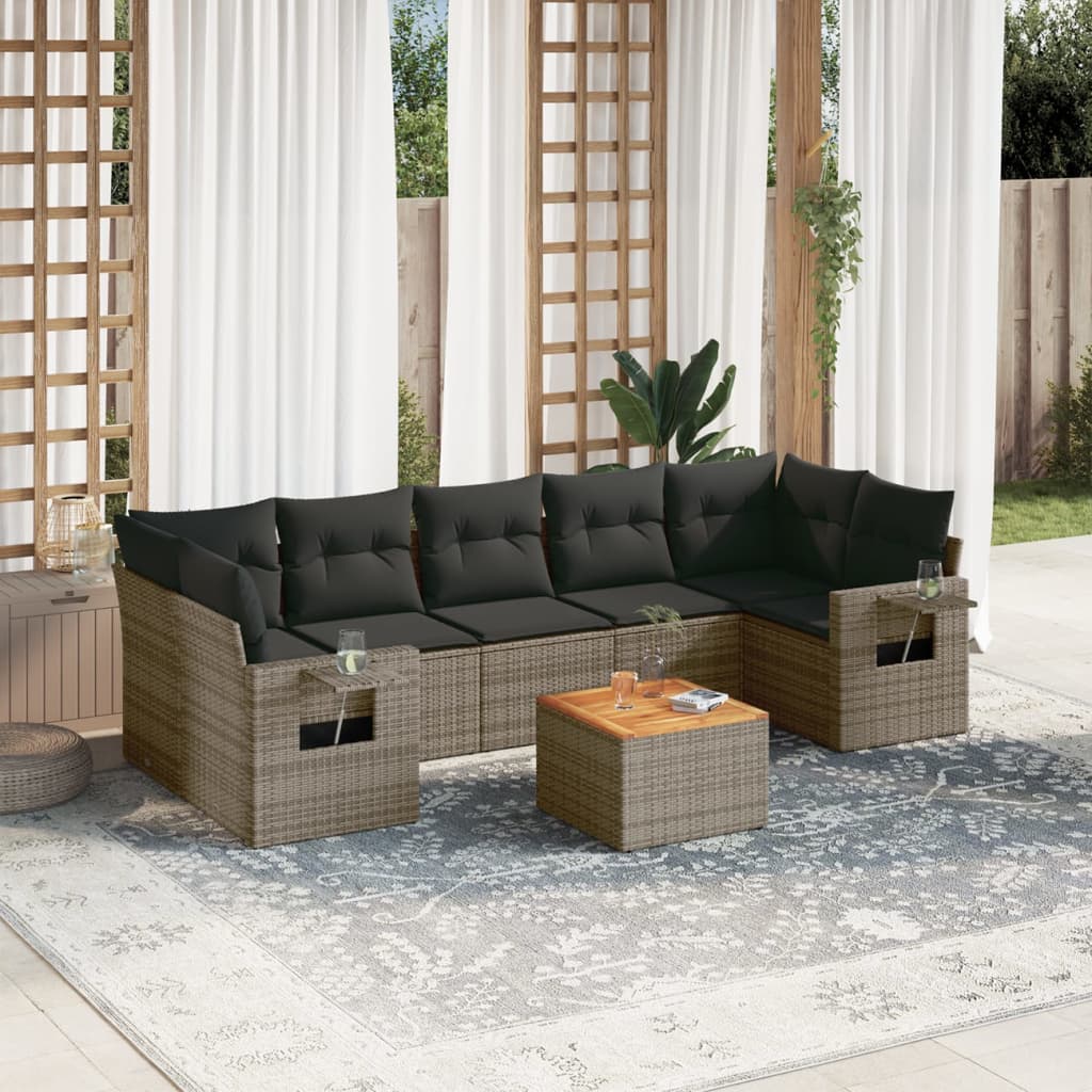 8 Pcs conjunto sofás de jardim c/ almofadões vime PE cinzento