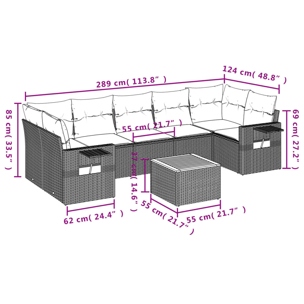 8 Pcs conjunto sofás de jardim c/ almofadões vime PE cinzento