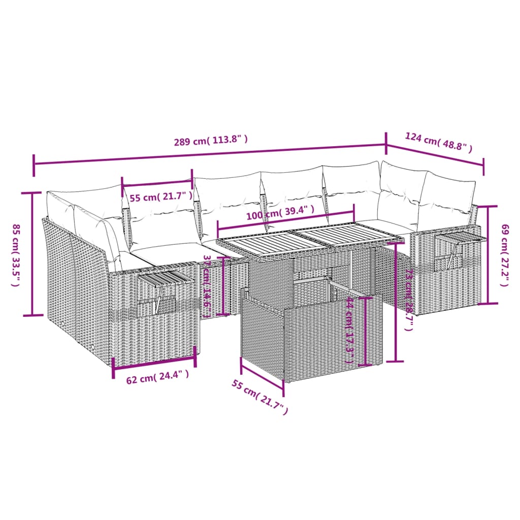 8 Pcs conjunto de sofás p/ jardim com almofadões vime PE bege
