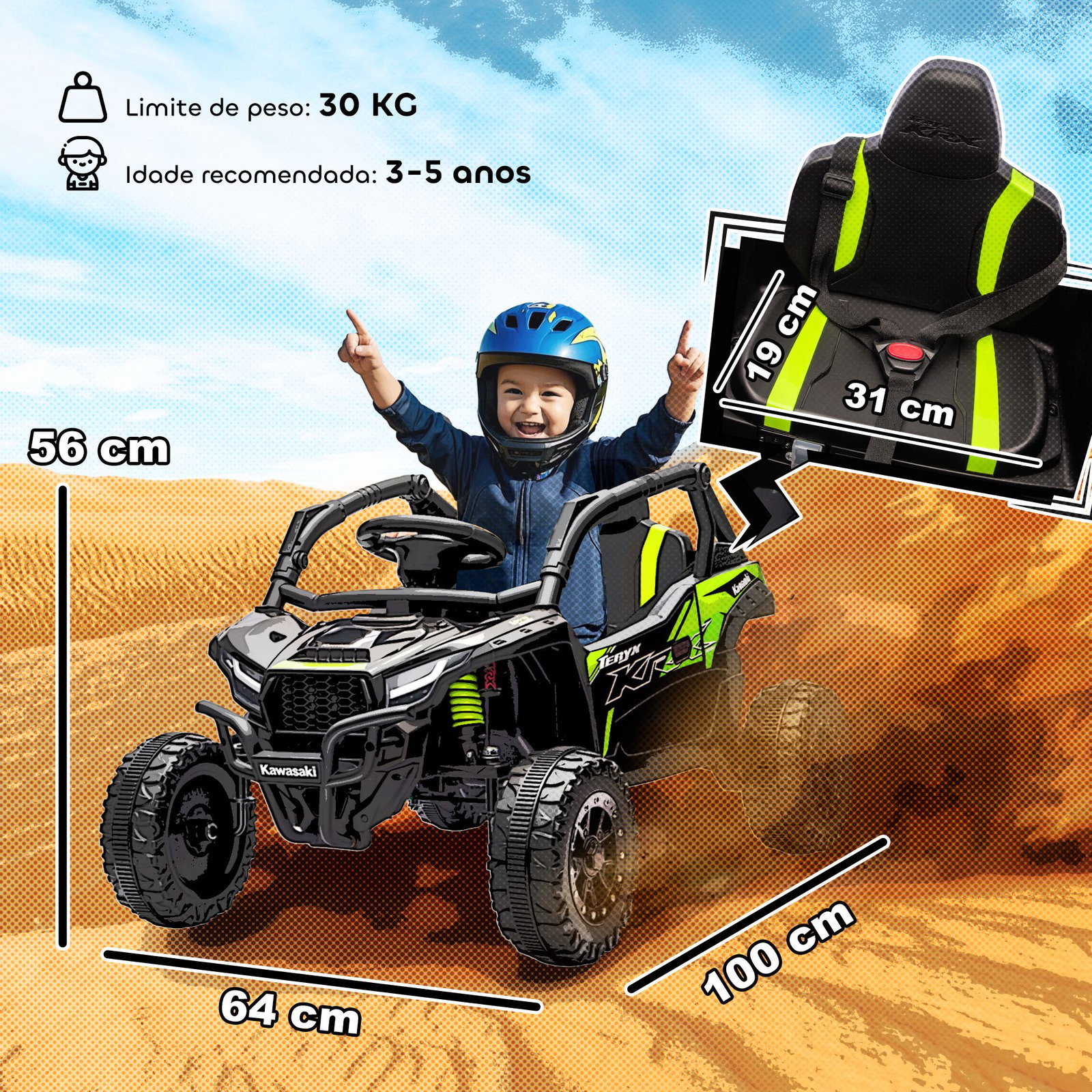 Carro elétrico para crianças 12v kawasaki teryx krx 1000 com 2 motores faróis e USB 100x64x56 cm preto
