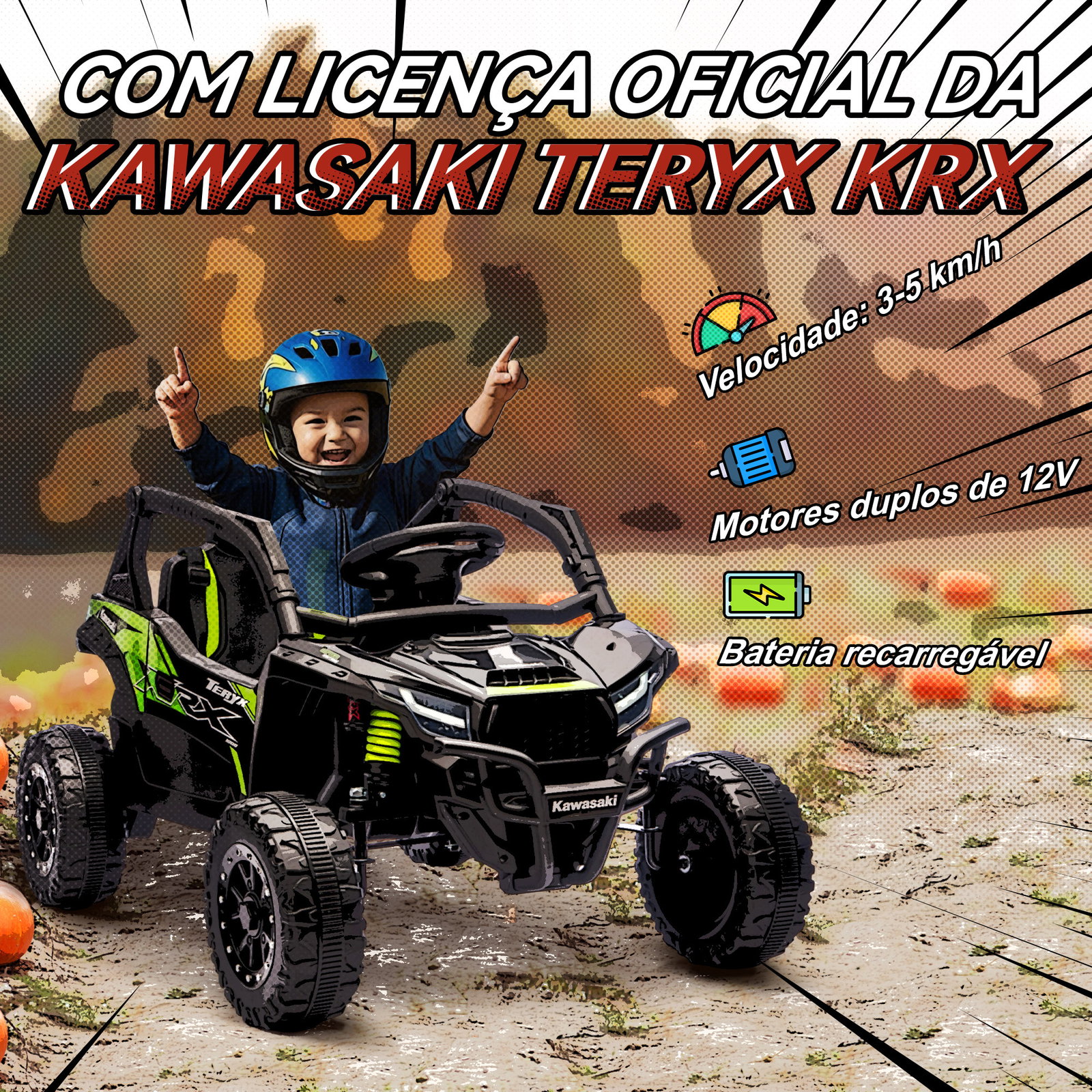 Carro elétrico para crianças 12v kawasaki teryx krx 1000 com 2 motores faróis e USB 100x64x56 cm preto