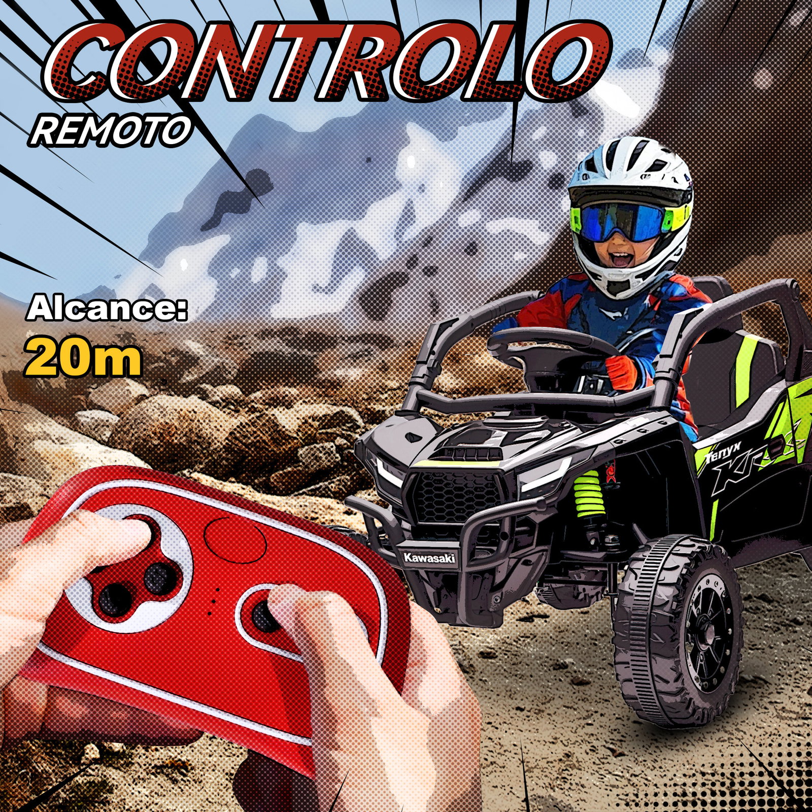 Carro elétrico para crianças 12v kawasaki teryx krx 1000 com 2 motores faróis e USB 100x64x56 cm preto