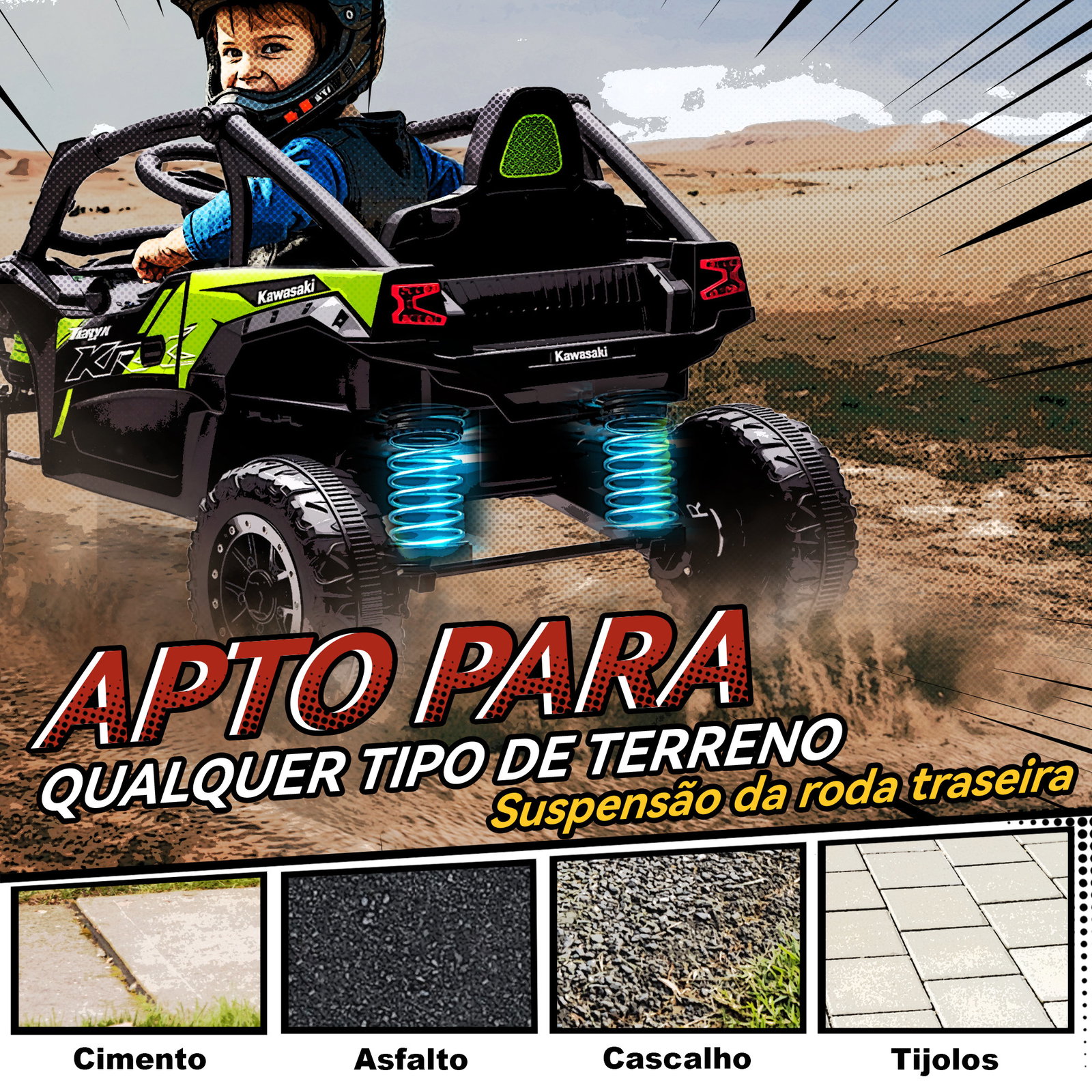 Carro elétrico para crianças 12v kawasaki teryx krx 1000 com 2 motores faróis e USB 100x64x56 cm preto