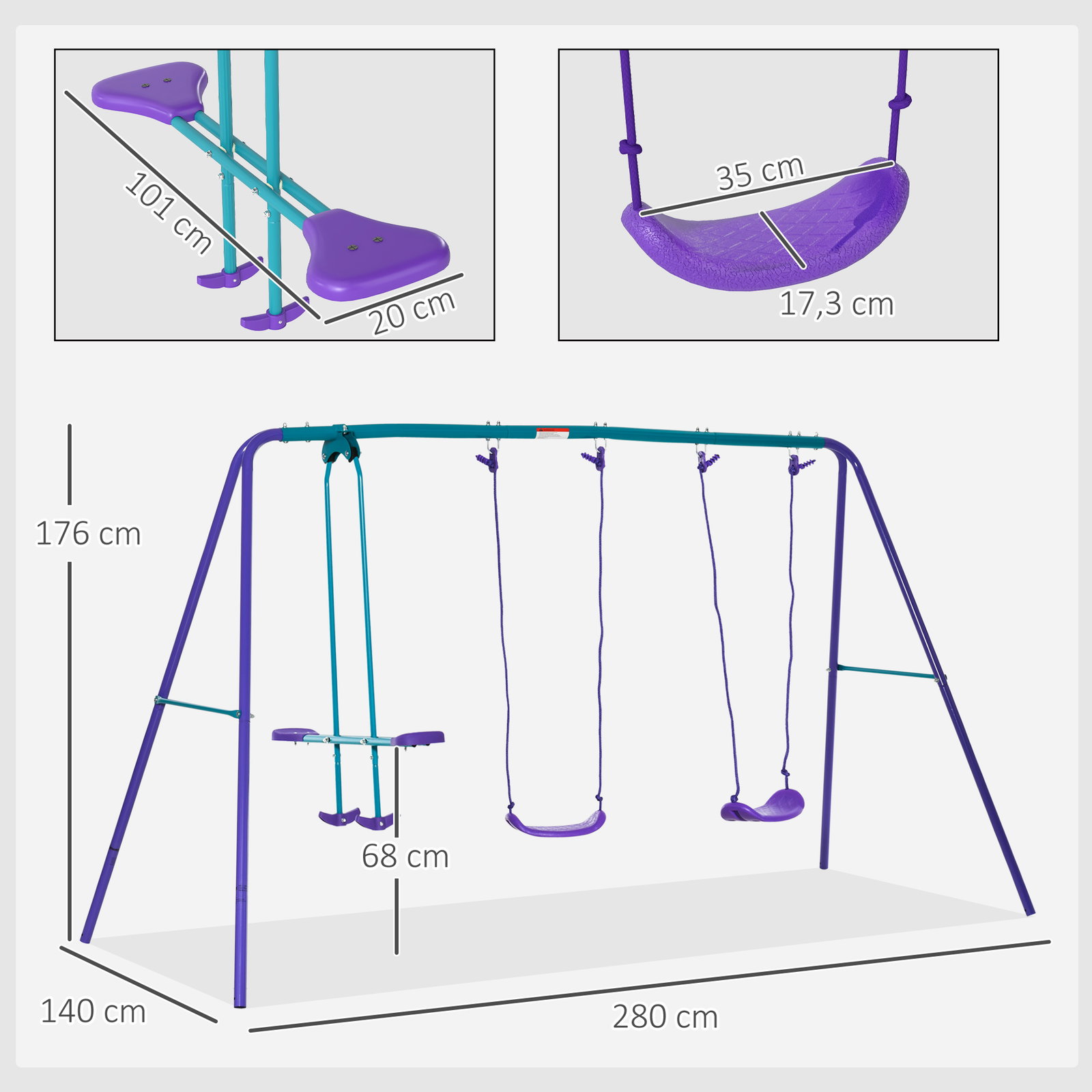 Conjunto de Baloiços de Jardim com Altura Ajustável Baloiços para Crianças com Baloiço Duplo 280x140x178 cm Azul e Roxo