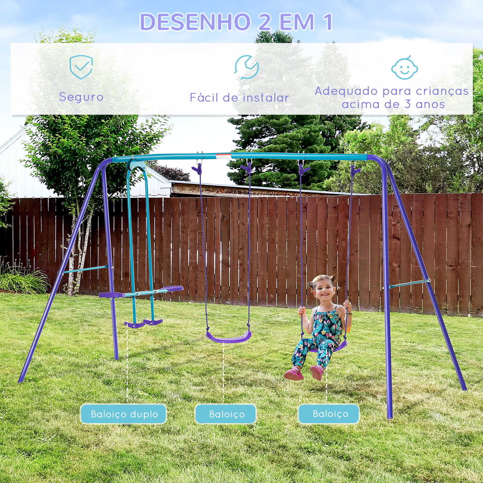 Conjunto de Baloiços de Jardim com Altura Ajustável Baloiços para Crianças com Baloiço Duplo 280x140x178 cm Azul e Roxo