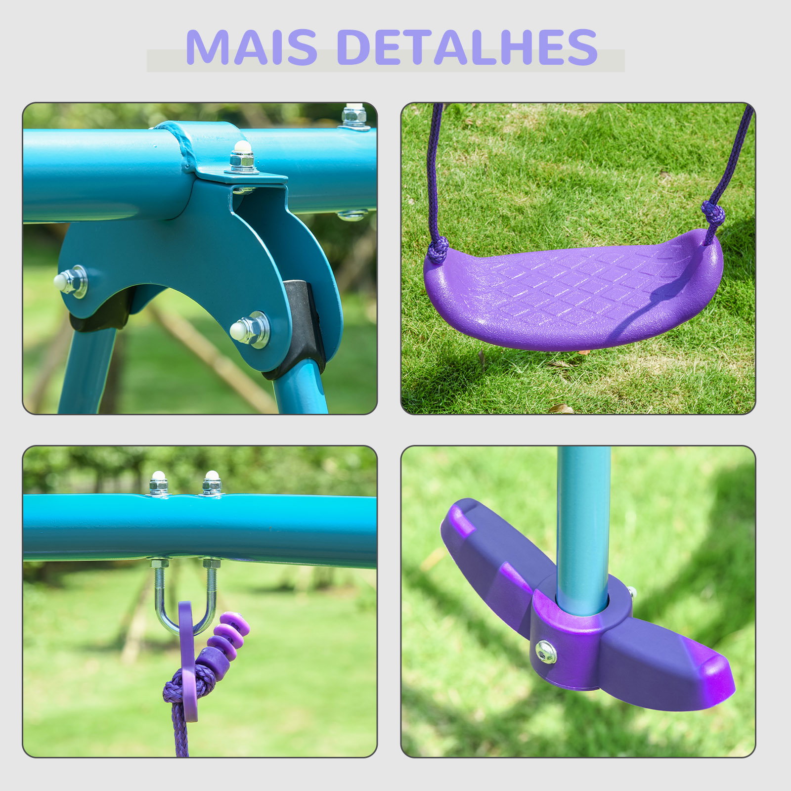 Conjunto de Baloiços de Jardim com Altura Ajustável Baloiços para Crianças com Baloiço Duplo 280x140x178 cm Azul e Roxo
