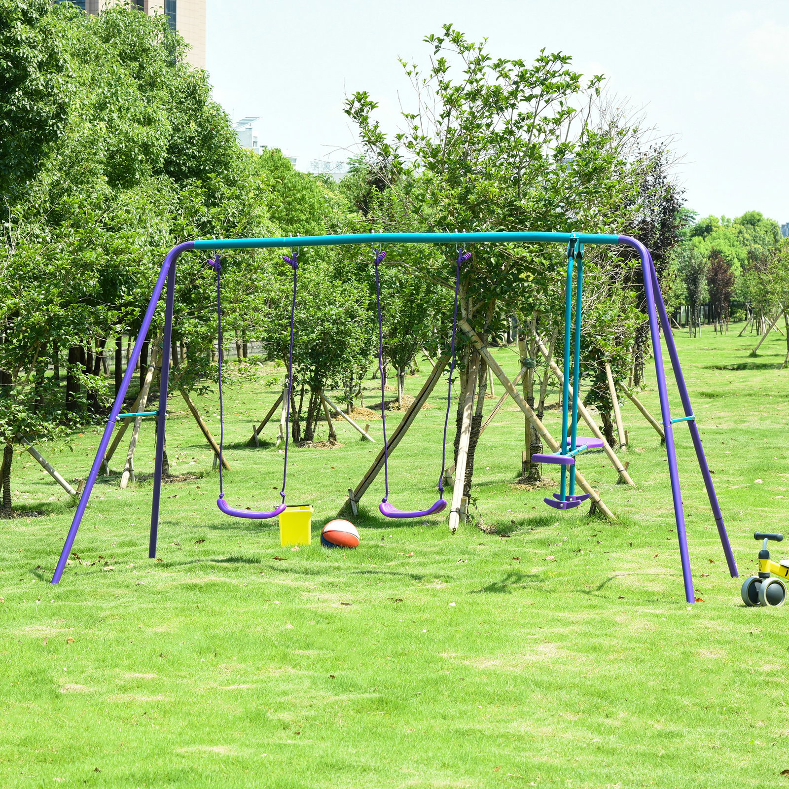 Conjunto de Baloiços de Jardim com Altura Ajustável Baloiços para Crianças com Baloiço Duplo 280x140x178 cm Azul e Roxo