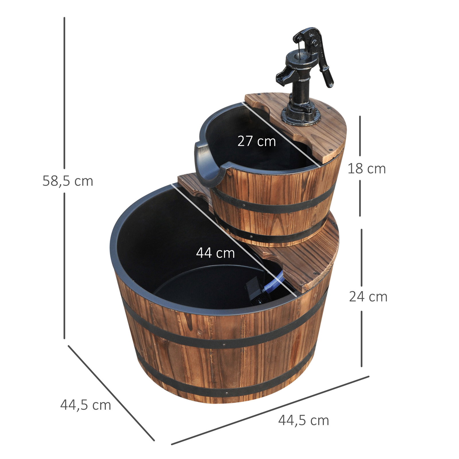 Fonte de água em madeira em cascata de 2 níveis com bomba elétrica e saída de água ajustável ø44,5x58,5 cm madeira