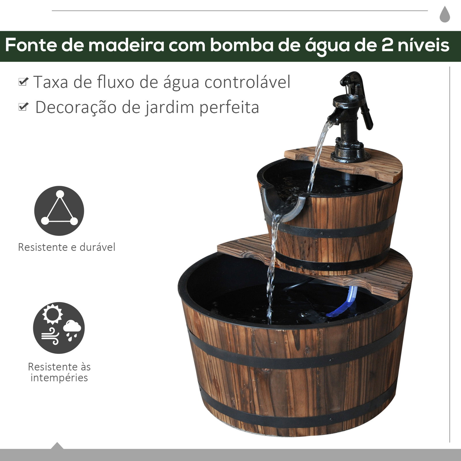 Fonte de água em madeira em cascata de 2 níveis com bomba elétrica e saída de água ajustável ø44,5x58,5 cm madeira