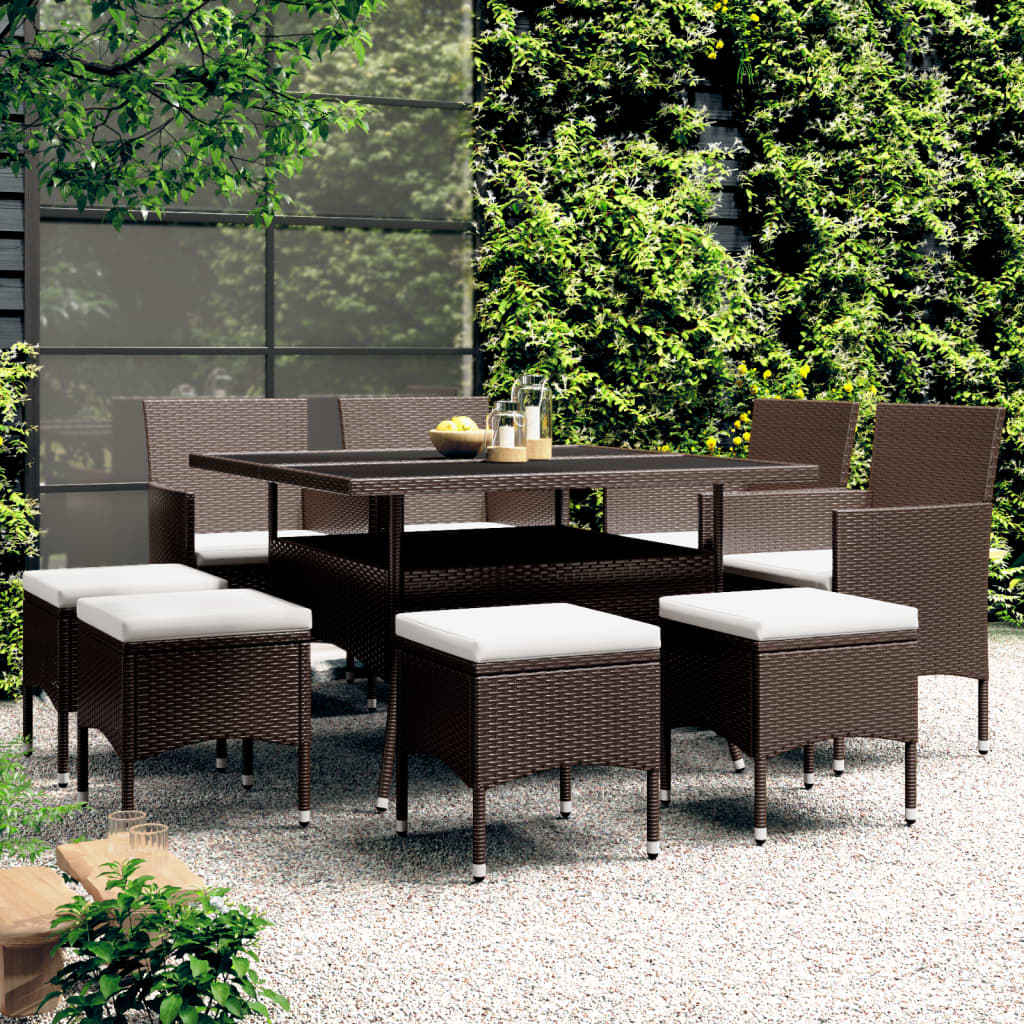 9 Pcs conjunto de jantar para jardim vime PE castanho