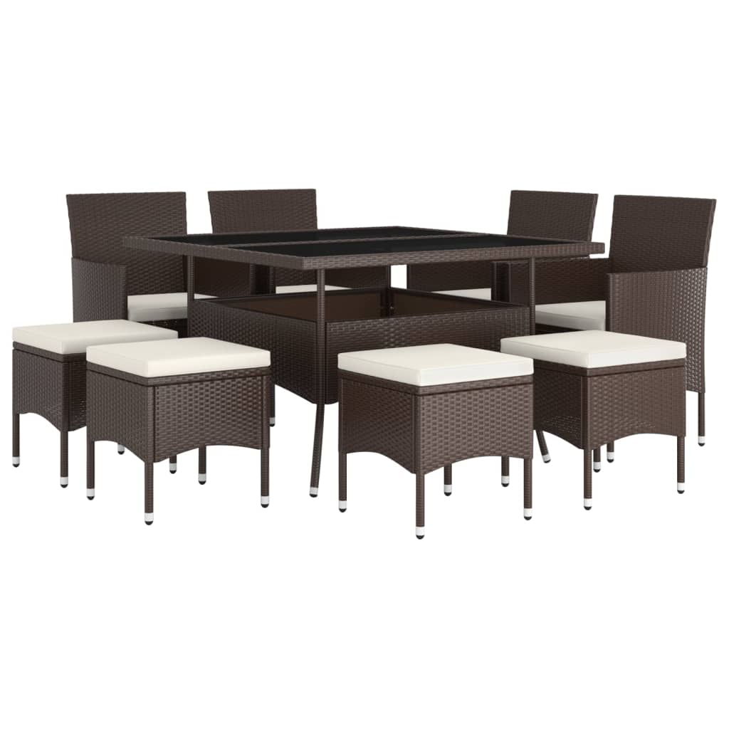 9 Pcs conjunto de jantar para jardim vime PE castanho
