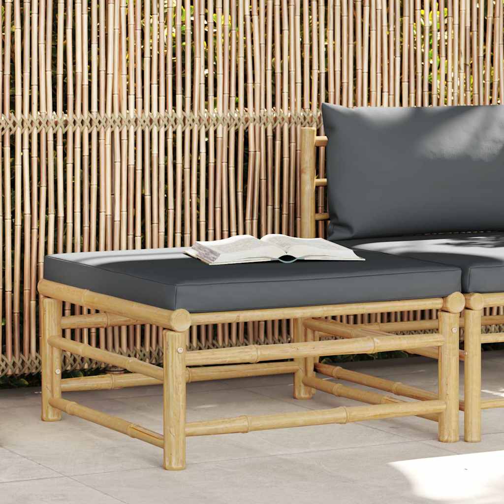 Apoio de pés para jardim com almofadão cinzento-escuro bambu