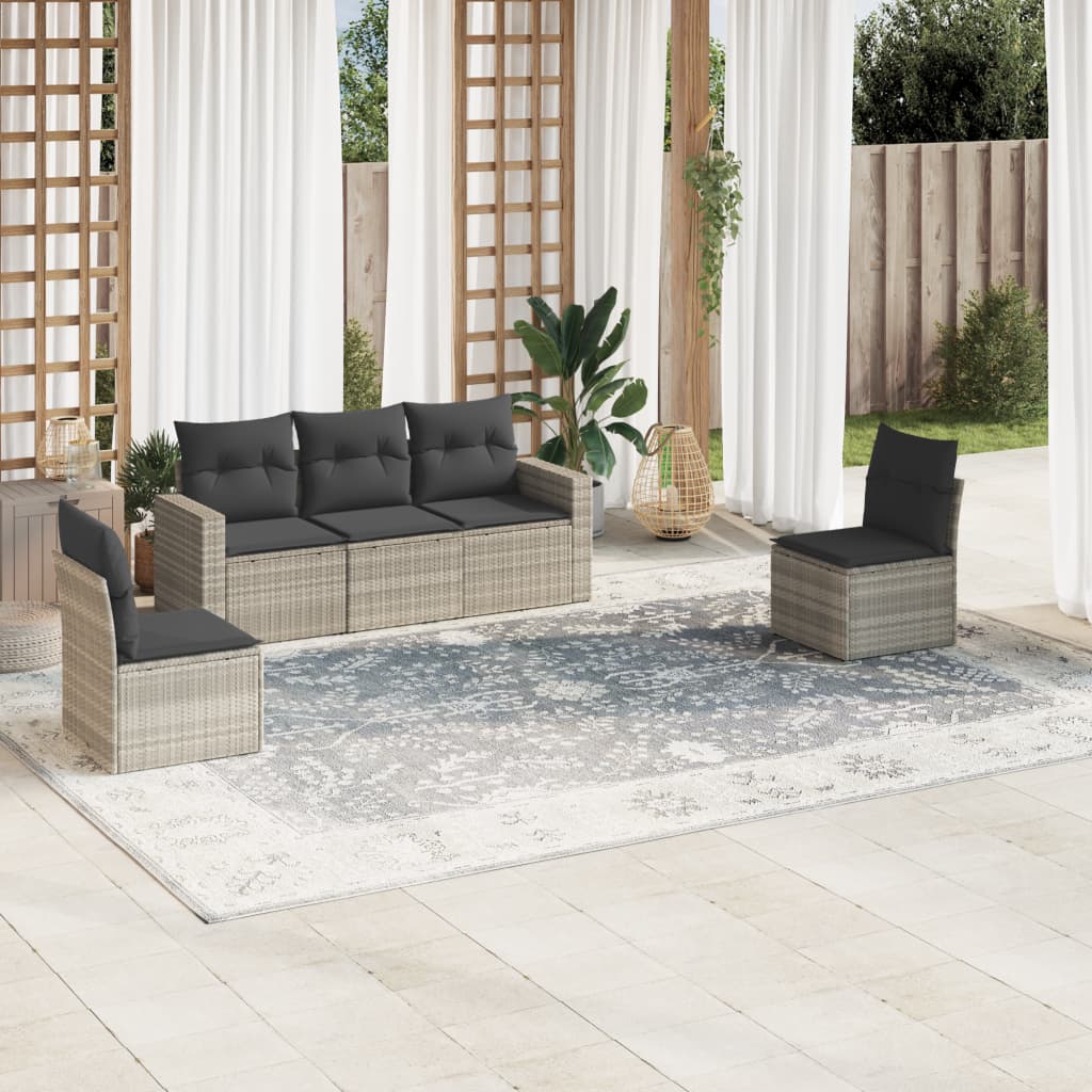 5 Pcs conj. sofás jardim c/ almofadões vime PE cinzento-claro
