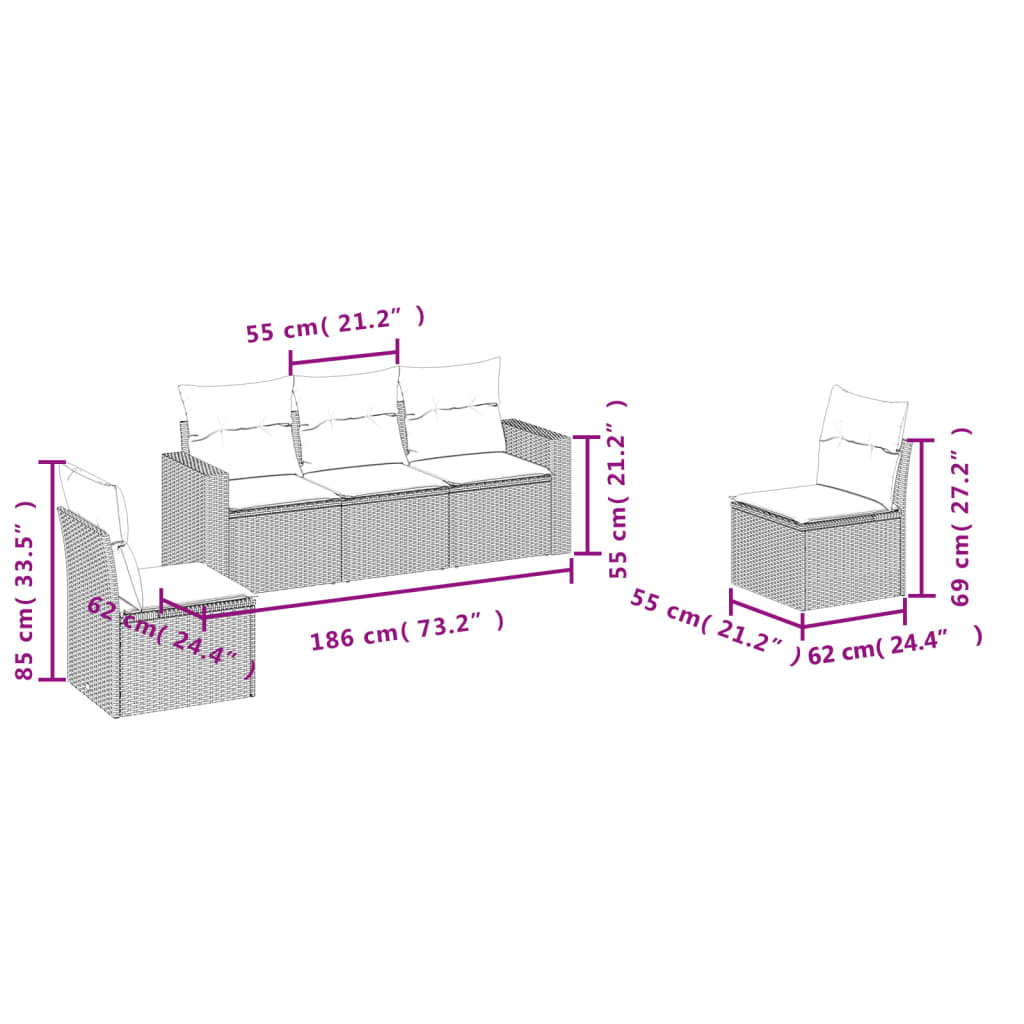 5 Pcs conj. sofás jardim c/ almofadões vime PE cinzento-claro