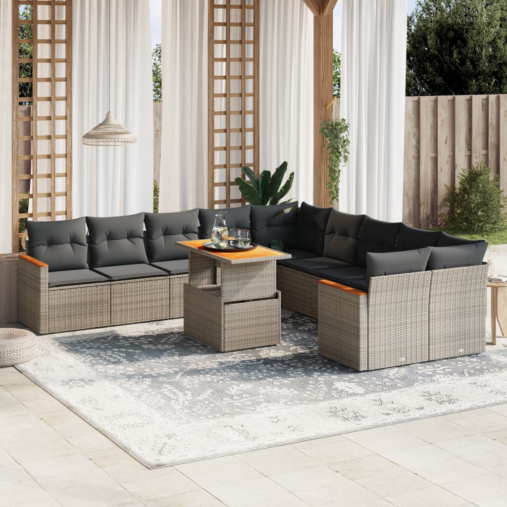 11 Pcs conjunto sofás de jardim c/ almofadões vime PE cinzento