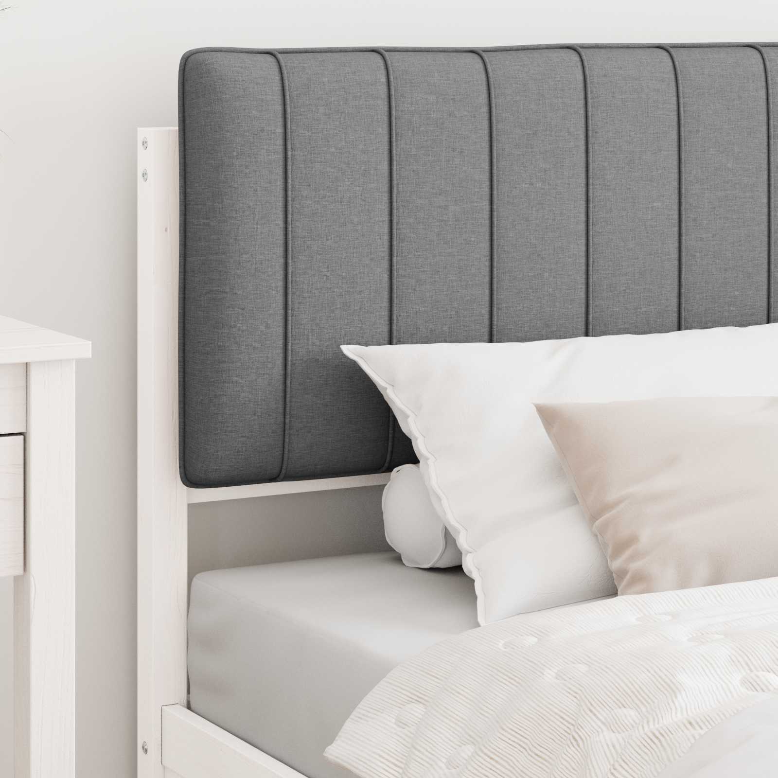 Estrutura de cama com cabeceira estofada cinzento-claro