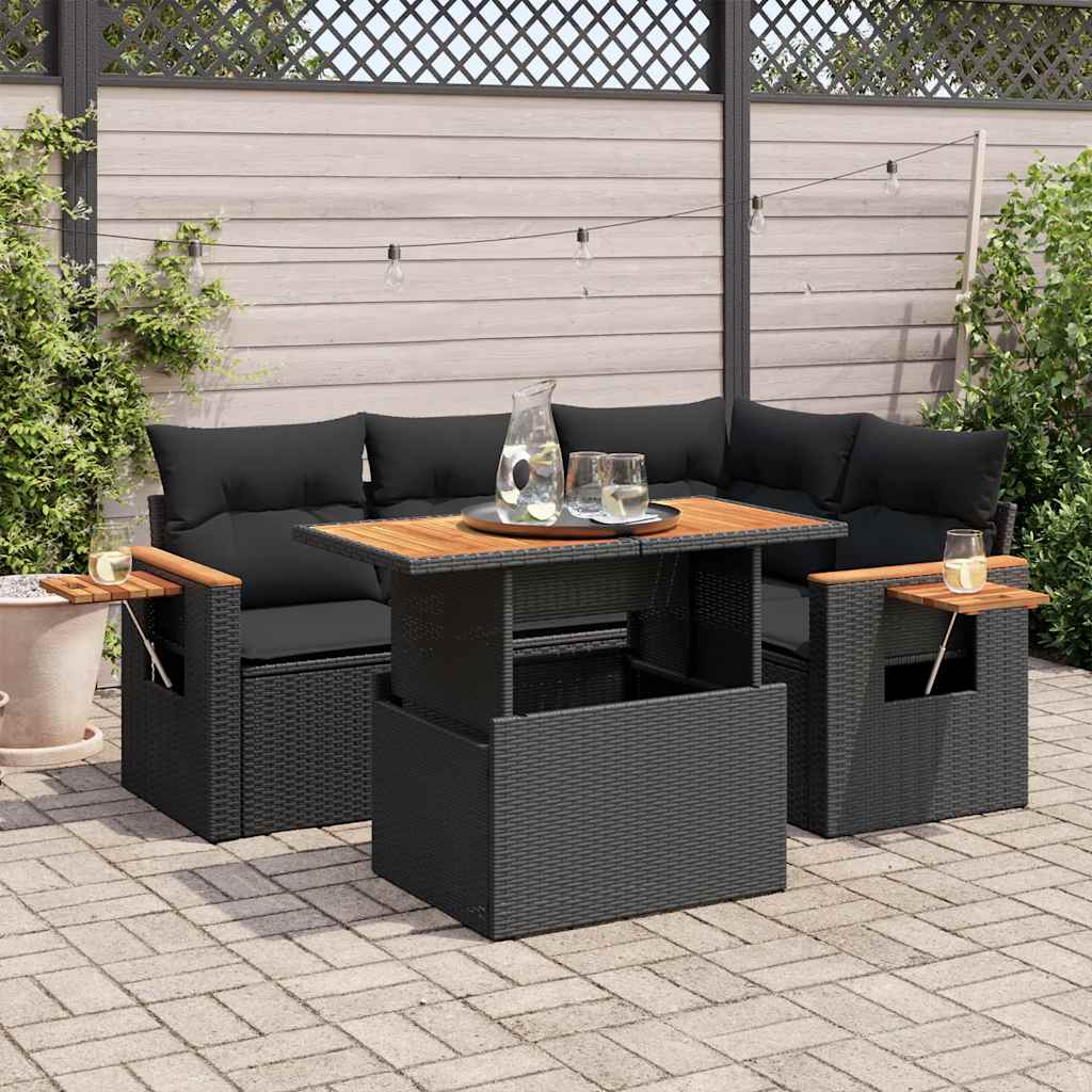 5 Pcs conjunto sofás de jardim com almofadões acácia e vime PE