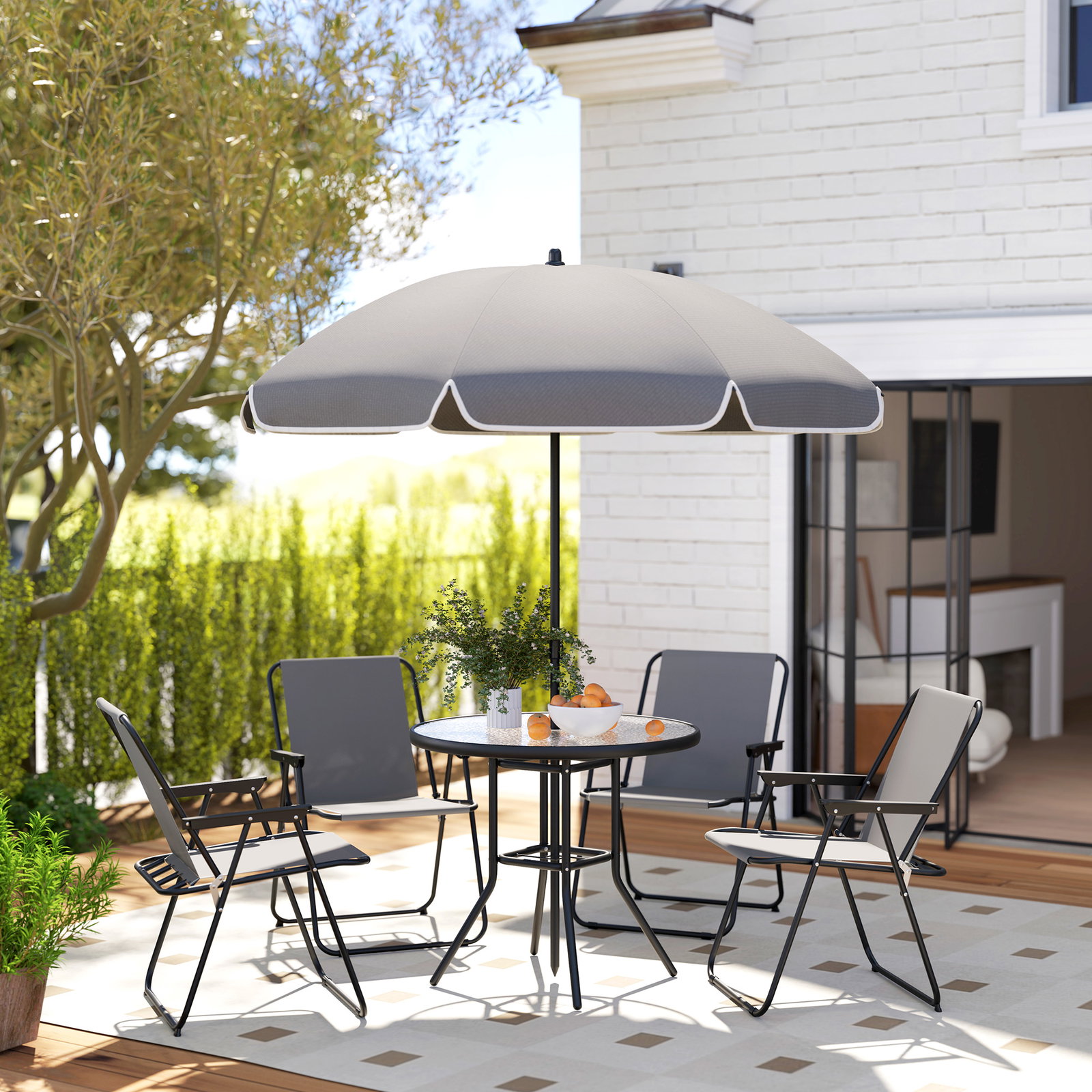 Conjunto de mesa e cadeiras de jardim de 6 peças com 4 cadeiras dobráveis mesa de vidro e chapéu de sol cinzento
