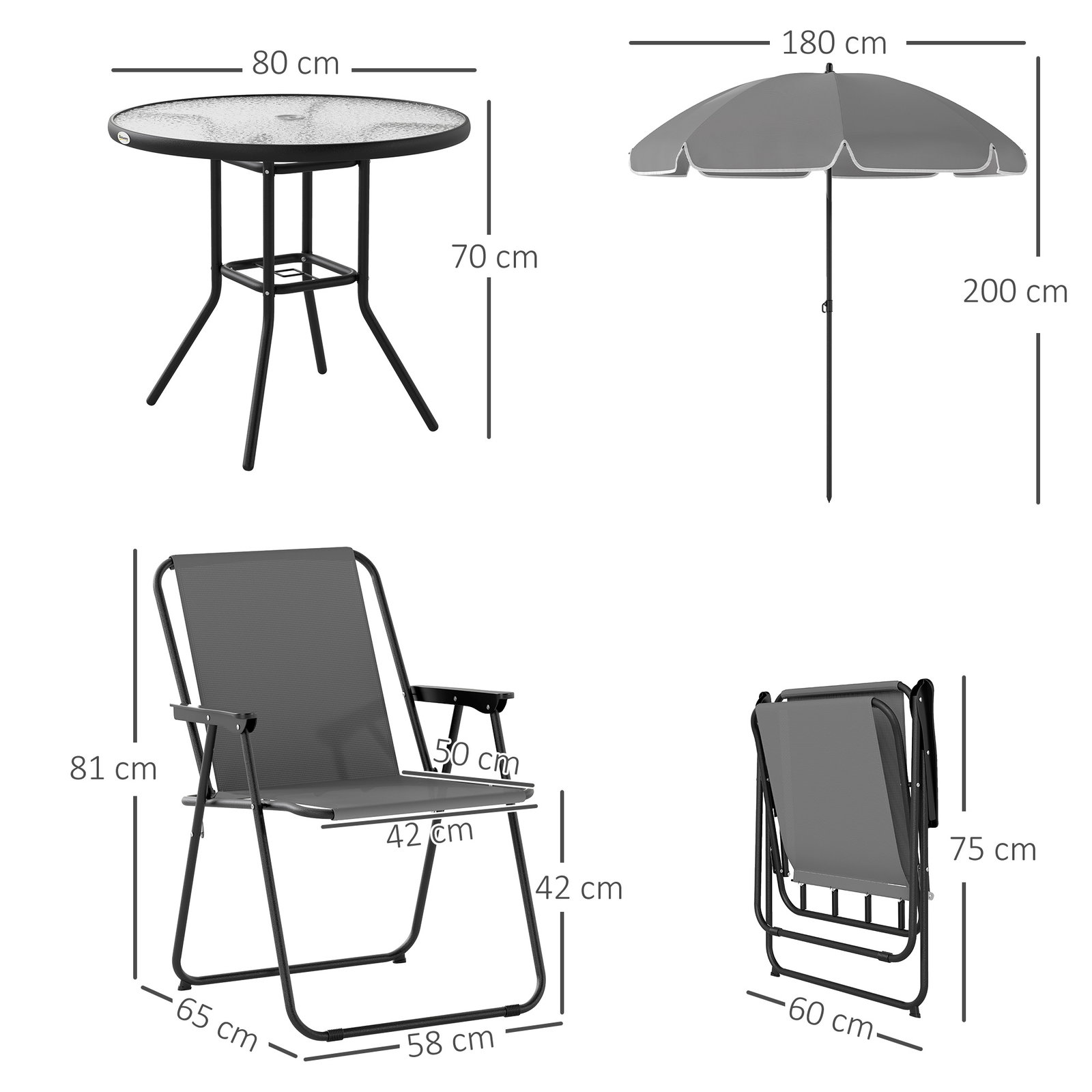Conjunto de mesa e cadeiras de jardim de 6 peças com 4 cadeiras dobráveis mesa de vidro e chapéu de sol cinzento