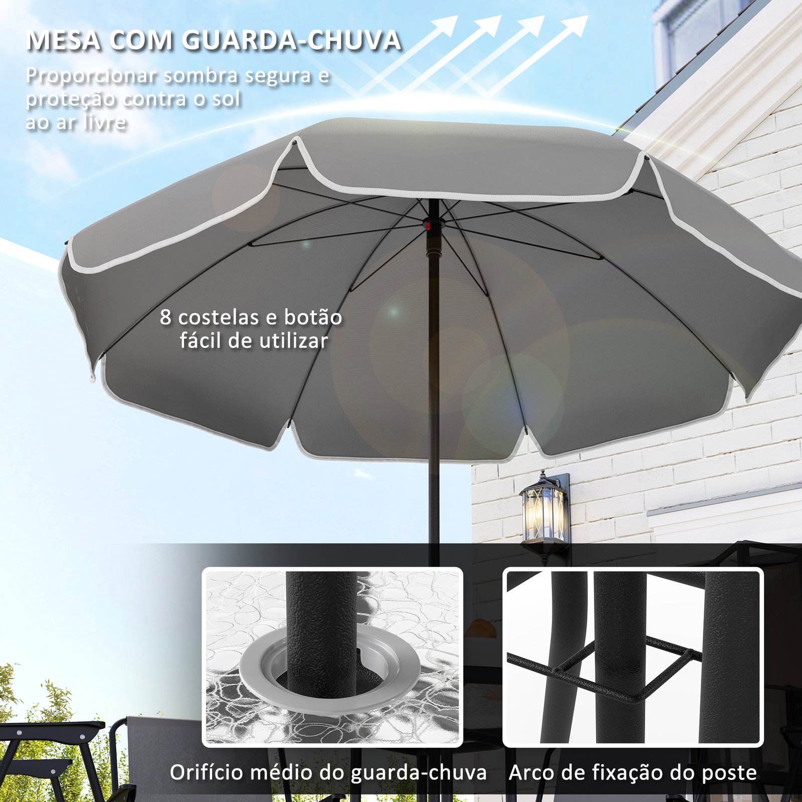 Conjunto de mesa e cadeiras de jardim de 6 peças com 4 cadeiras dobráveis mesa de vidro e chapéu de sol cinzento