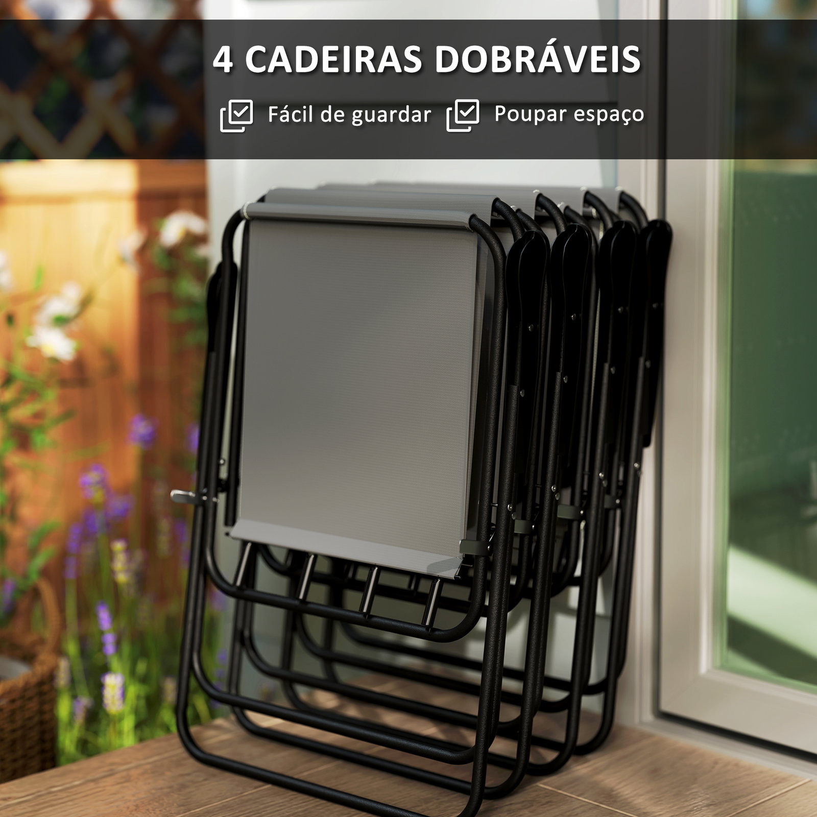Conjunto de mesa e cadeiras de jardim de 6 peças com 4 cadeiras dobráveis mesa de vidro e chapéu de sol cinzento