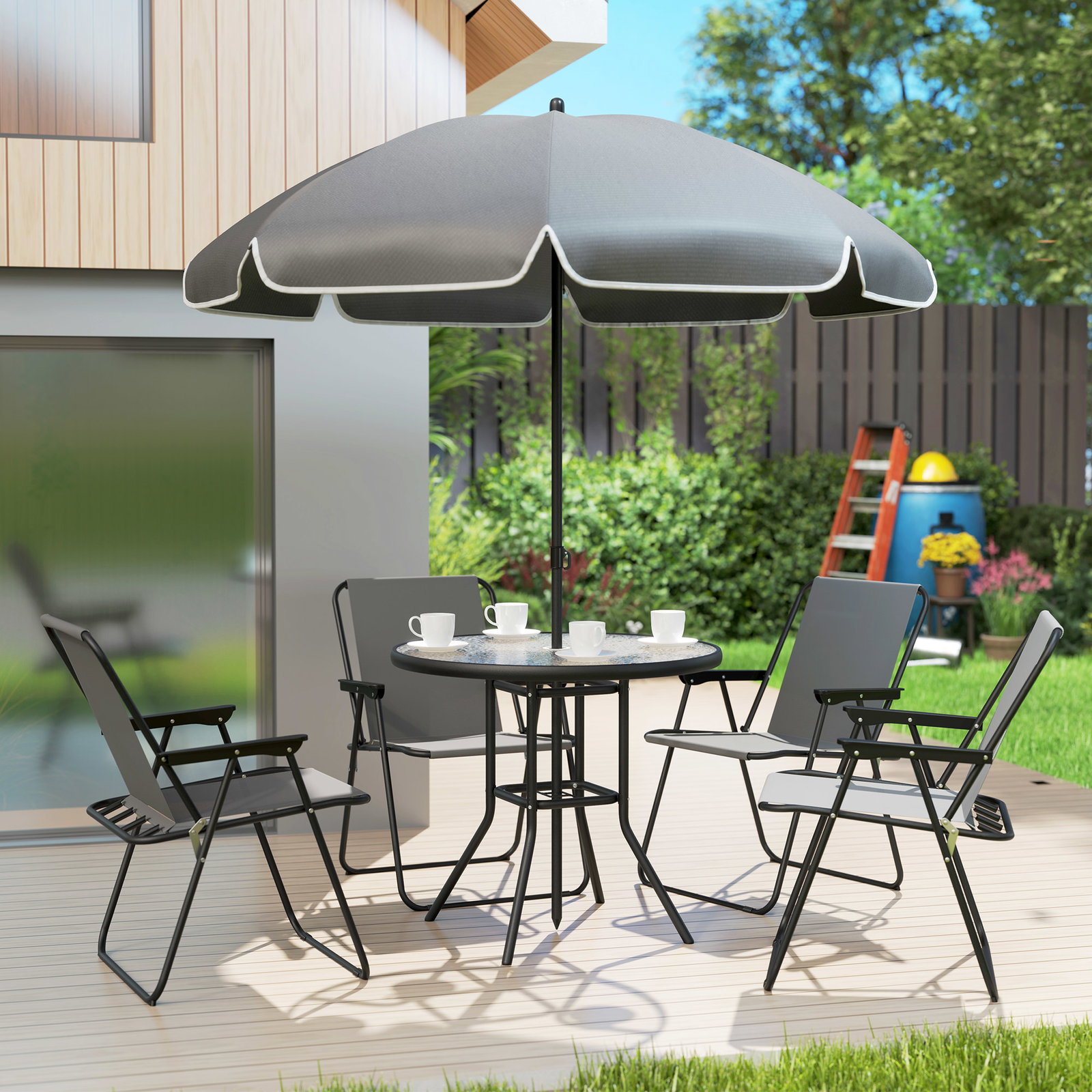 Conjunto de mesa e cadeiras de jardim de 6 peças com 4 cadeiras dobráveis mesa de vidro e chapéu de sol cinzento