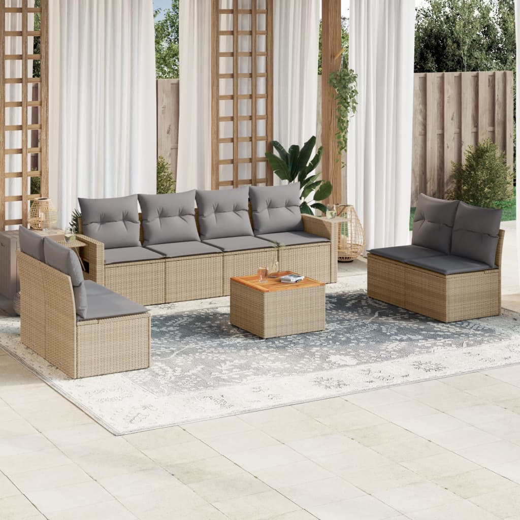 9 Pcs conjunto de sofás p/ jardim com almofadões vime PE bege