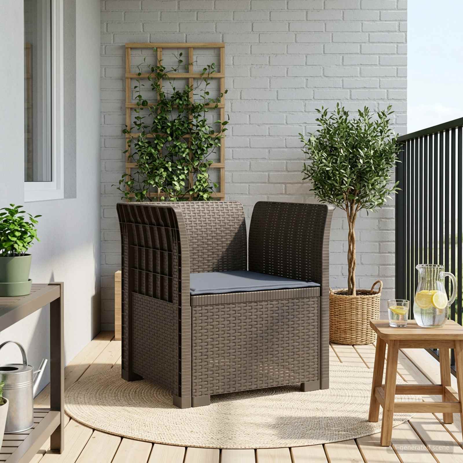 Poltrona 1 lugar com almofada look rattan PP cinzento-claro