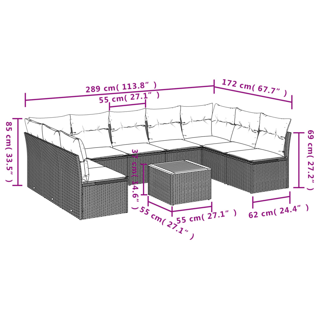 10 Pcs conjunto sofás de jardim c/ almofadões vime PE preto