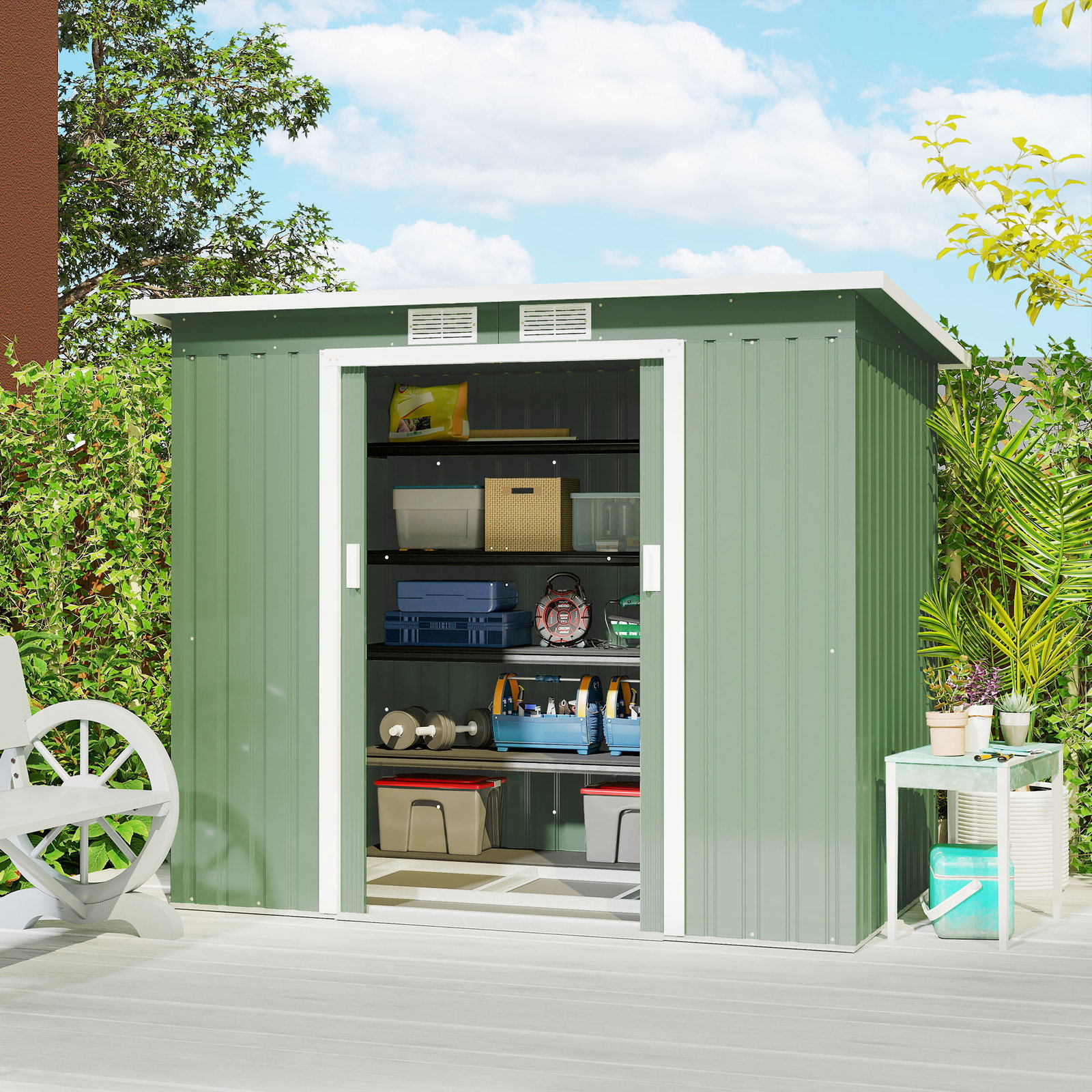 Abrigo de jardim 213x130x173cm abrigo de exterior de aço galvanizado com porta corredeira e ventilações verde