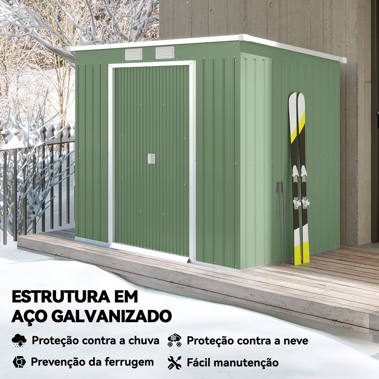 Abrigo de jardim 213x130x173cm abrigo de exterior de aço galvanizado com porta corredeira e ventilações verde