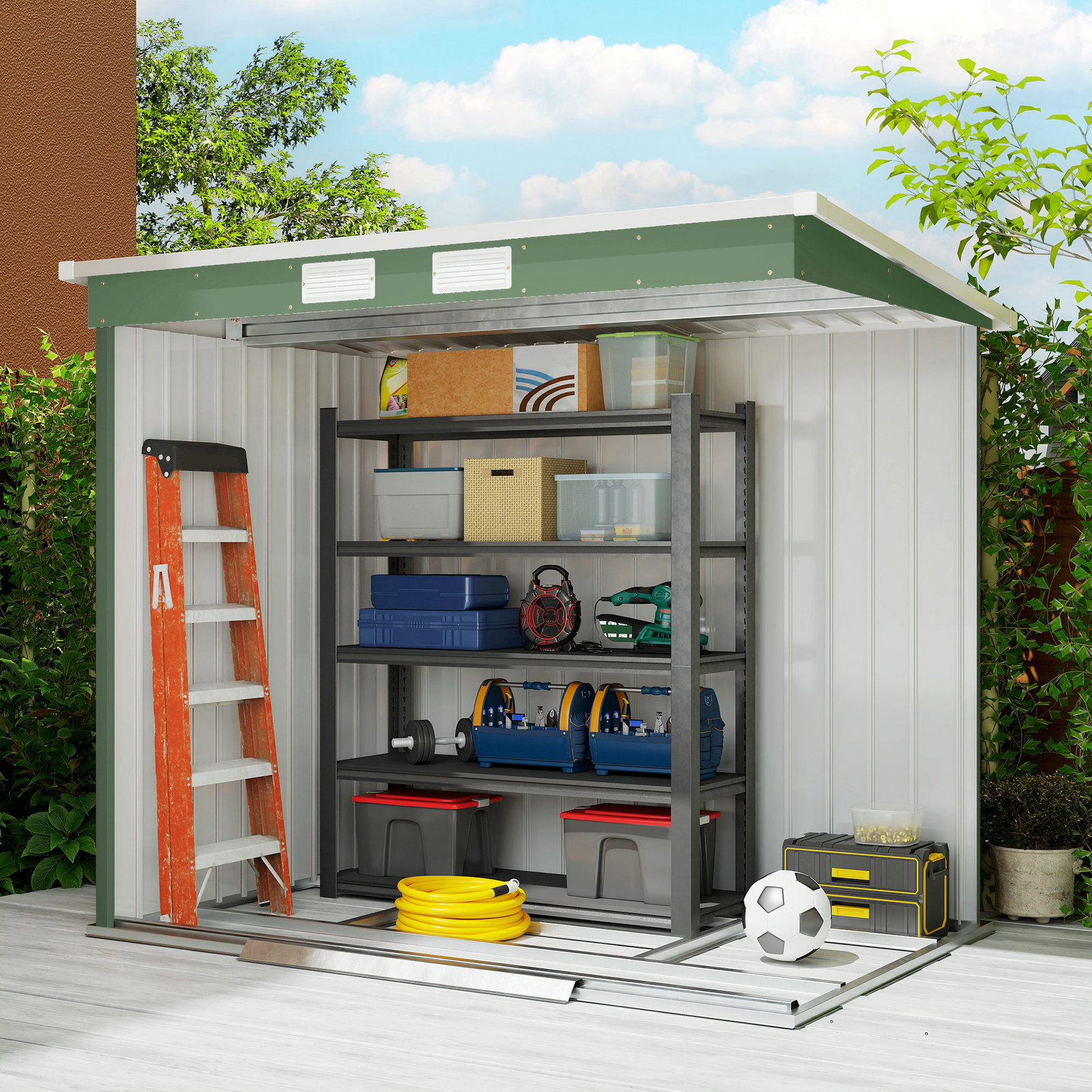 Abrigo de jardim 213x130x173cm abrigo de exterior de aço galvanizado com porta corredeira e ventilações verde